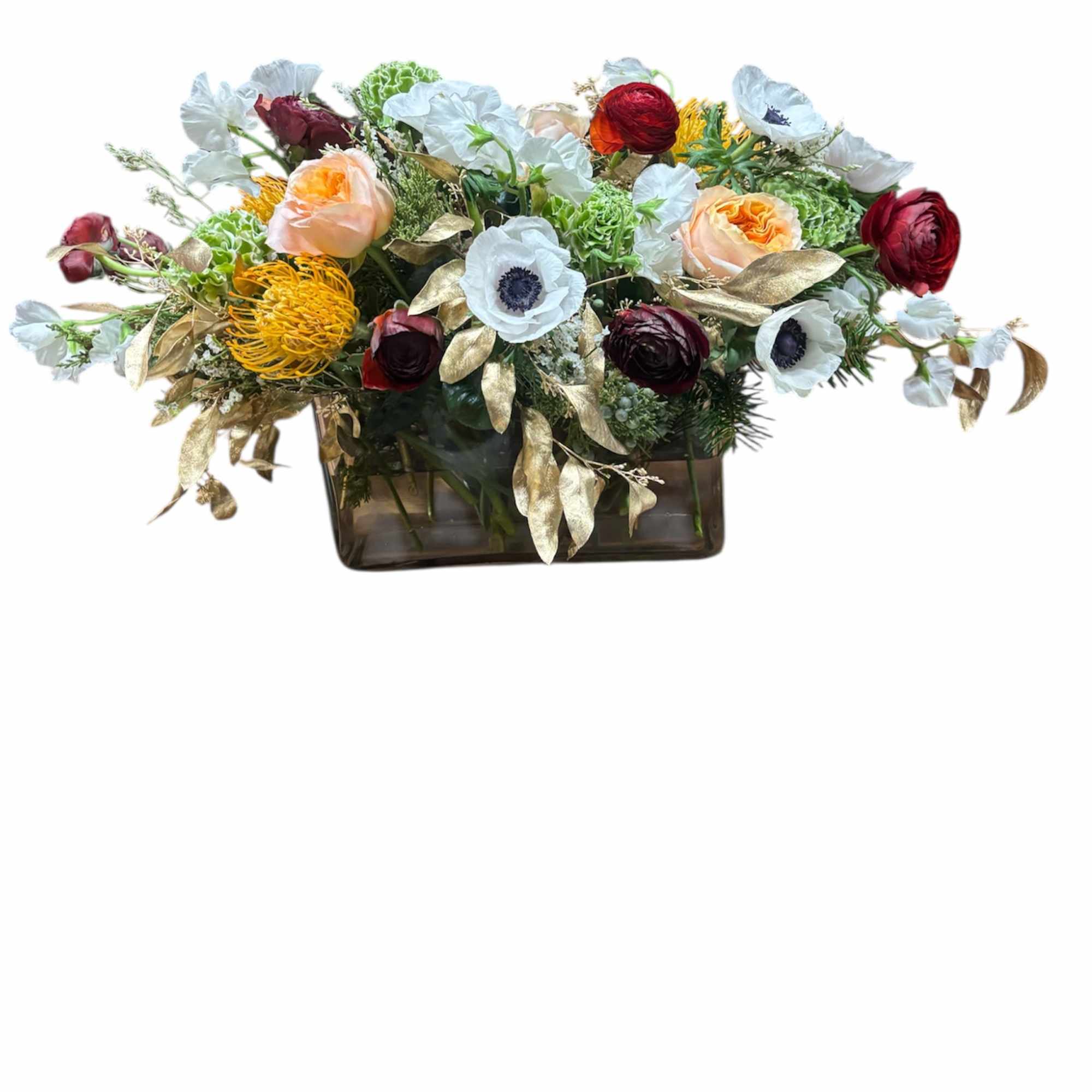 All Eyes on Me is a striking floral display featuring white anemones