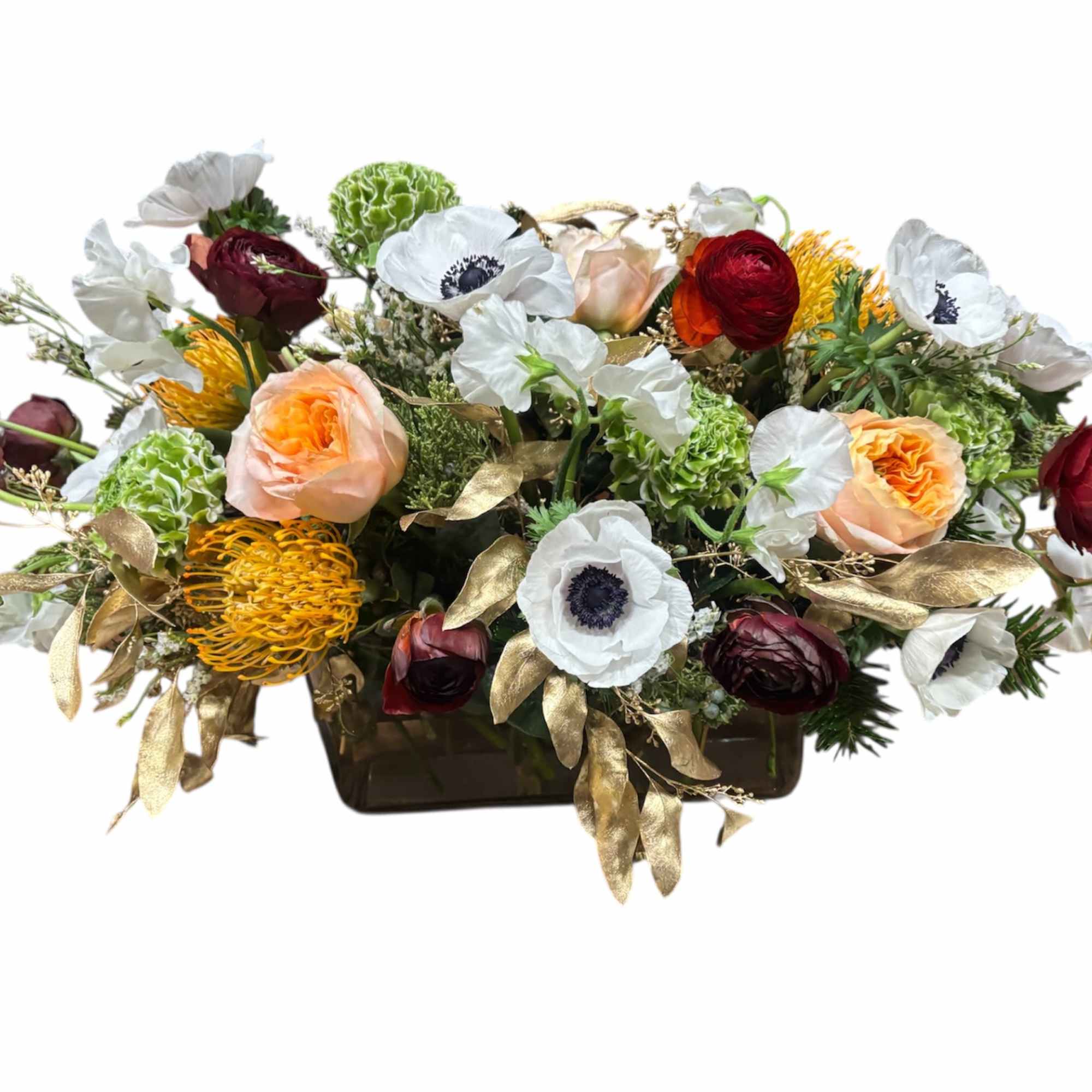 All Eyes on Me is a striking floral display featuring white anemones
