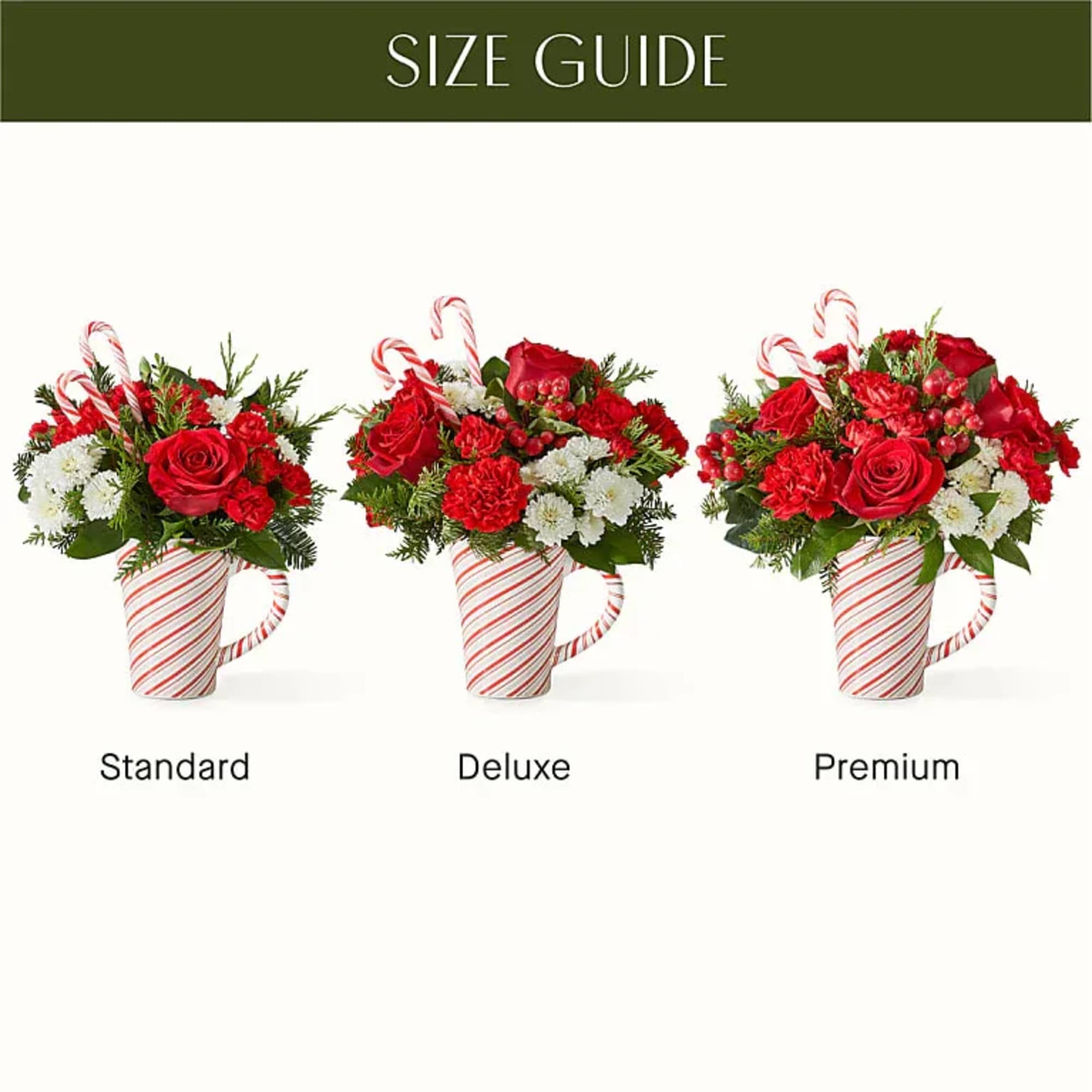 A delicate balance of red and white florals accented with seasonal greens