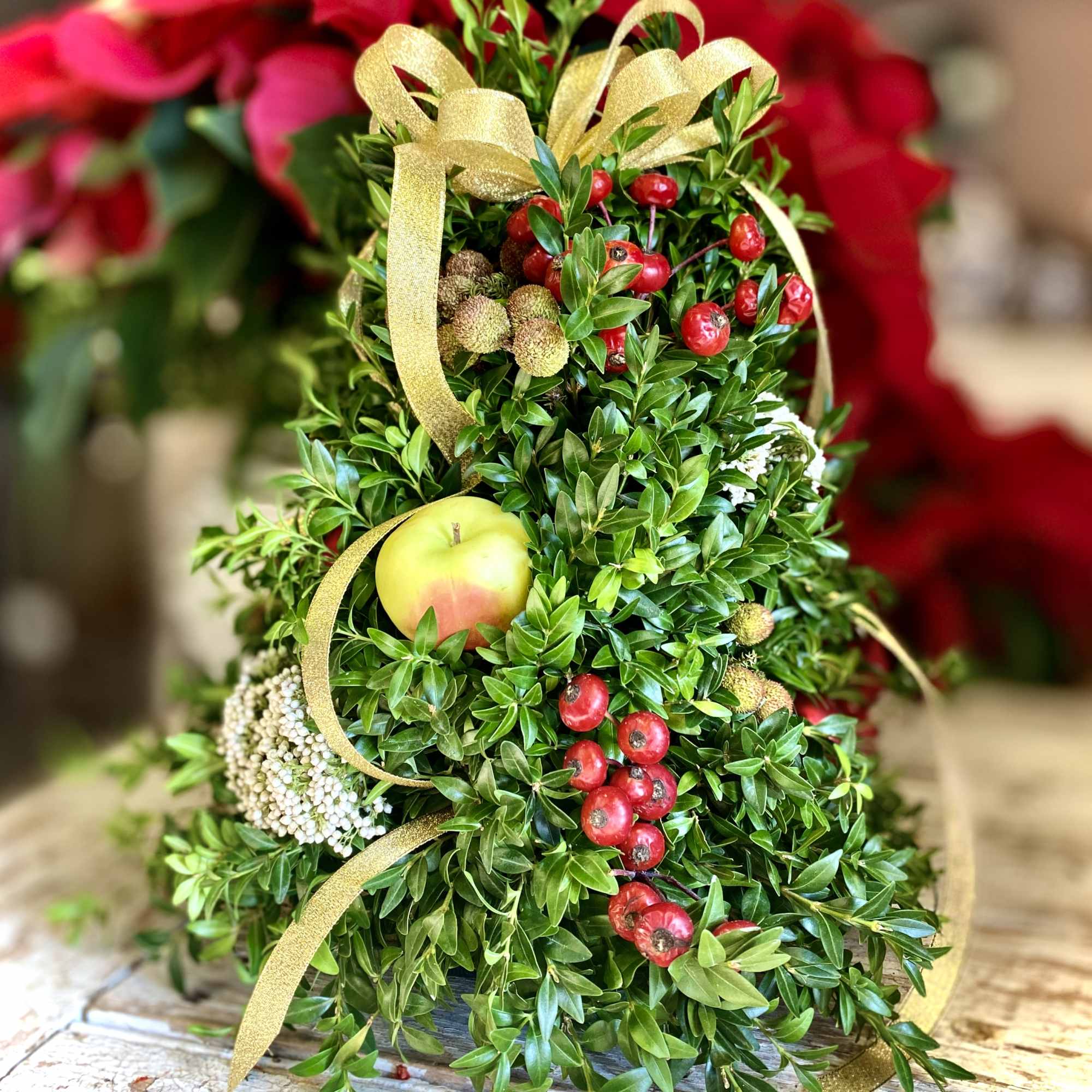 This holiday boxwood tree is dressed with petite Lady Apples, natural vines