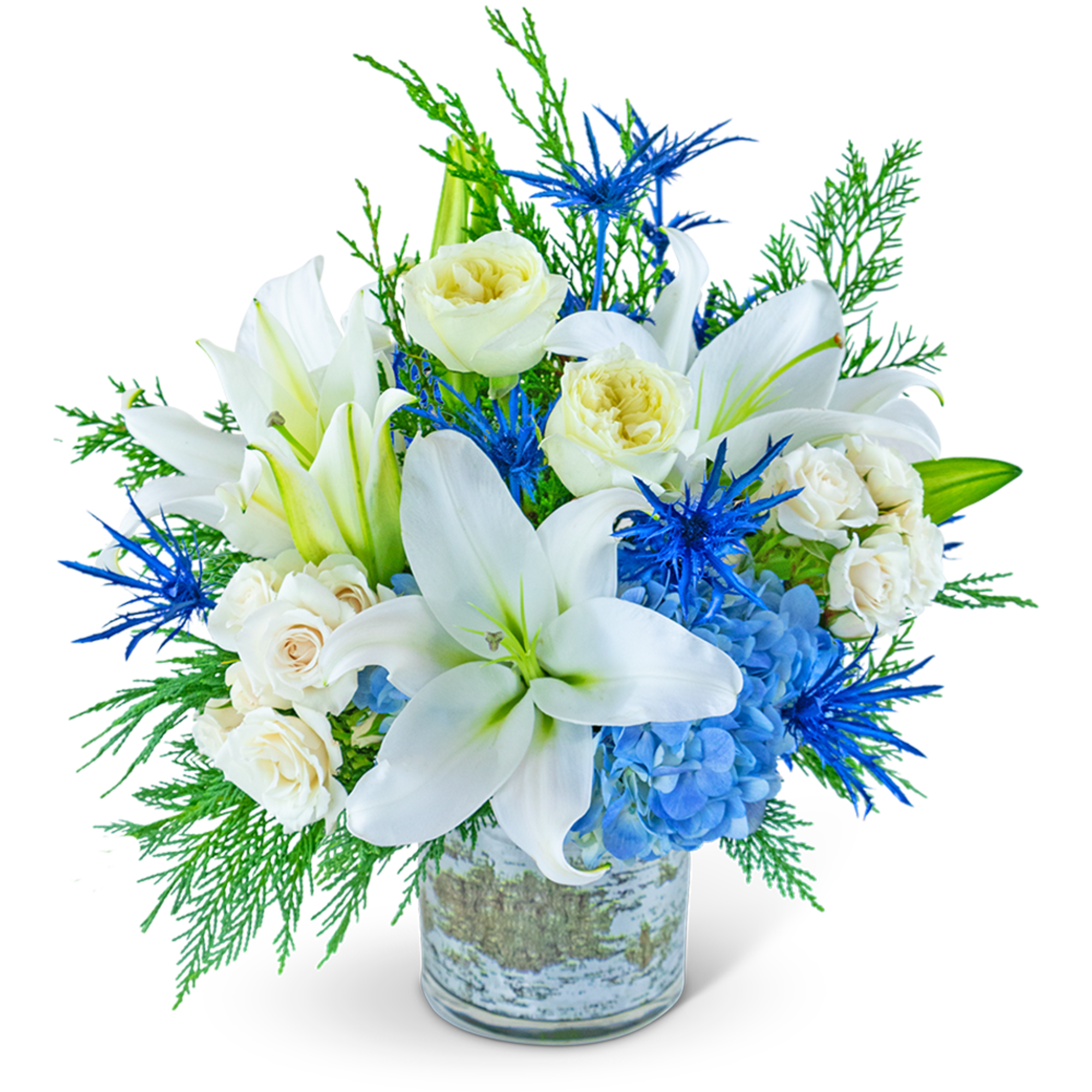 Our Shimmering Winter Sky flower design captures the serene beauty of a