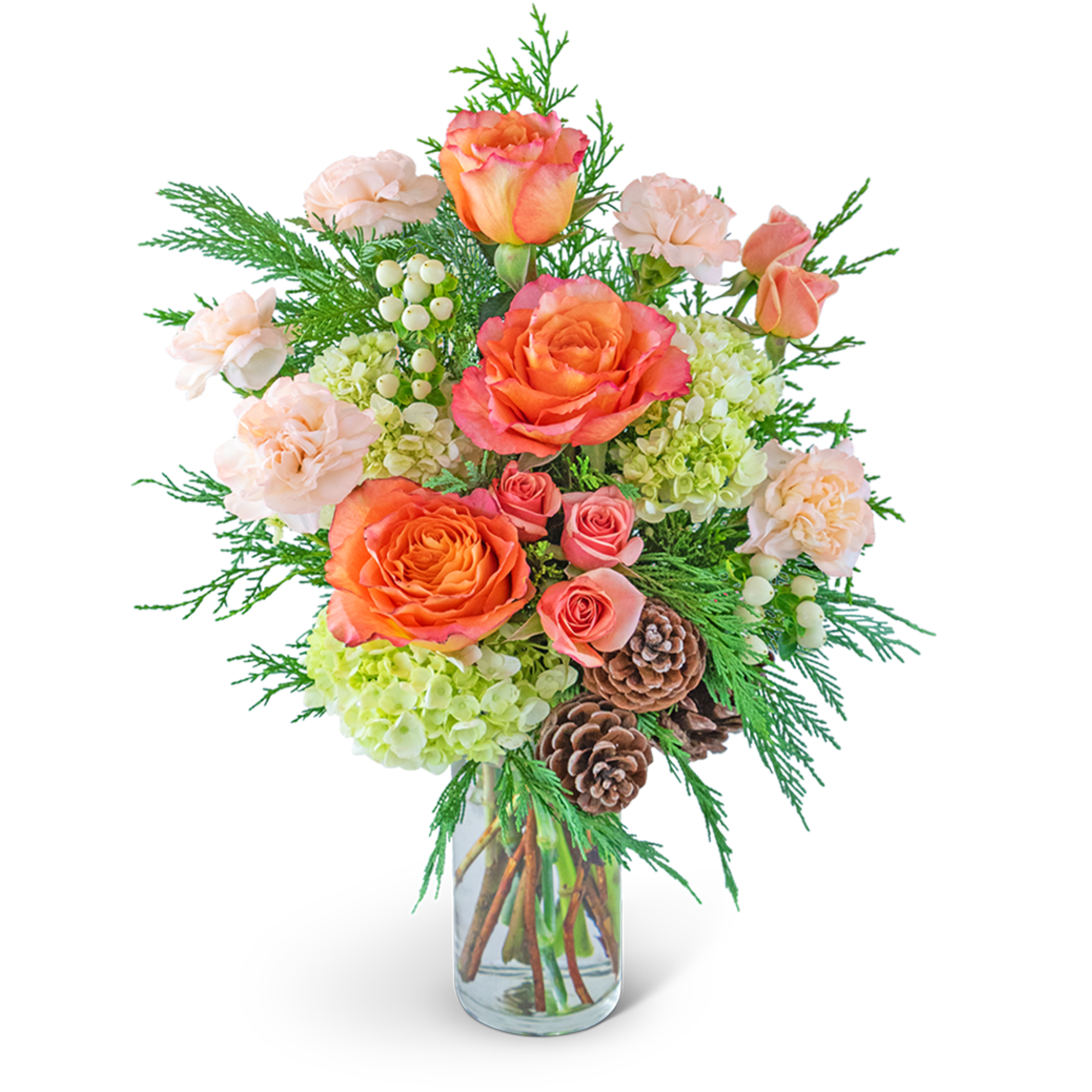 Step into a winter wonderland with our Frosted Peach Glow flower arrangement.