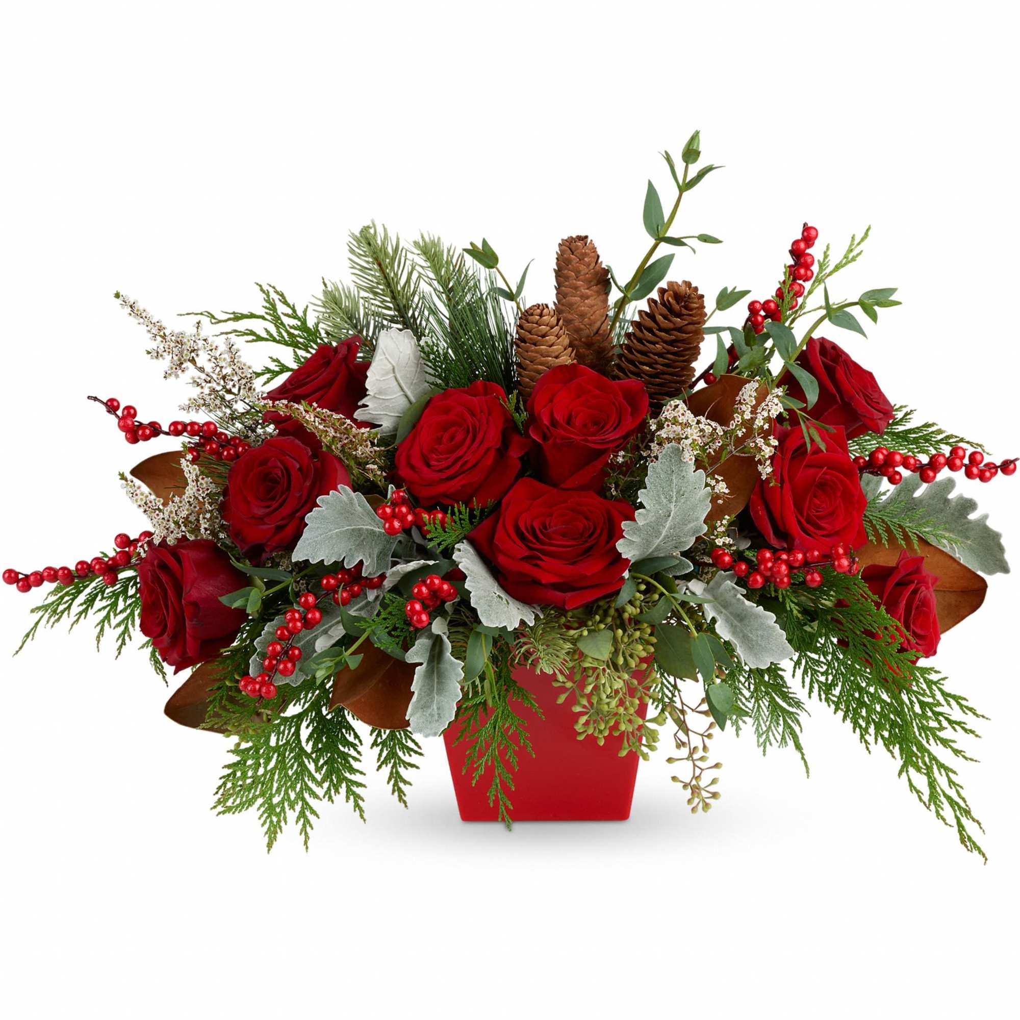 Not your everyday Christmas centerpiece, this artisanal mix of roses and berries