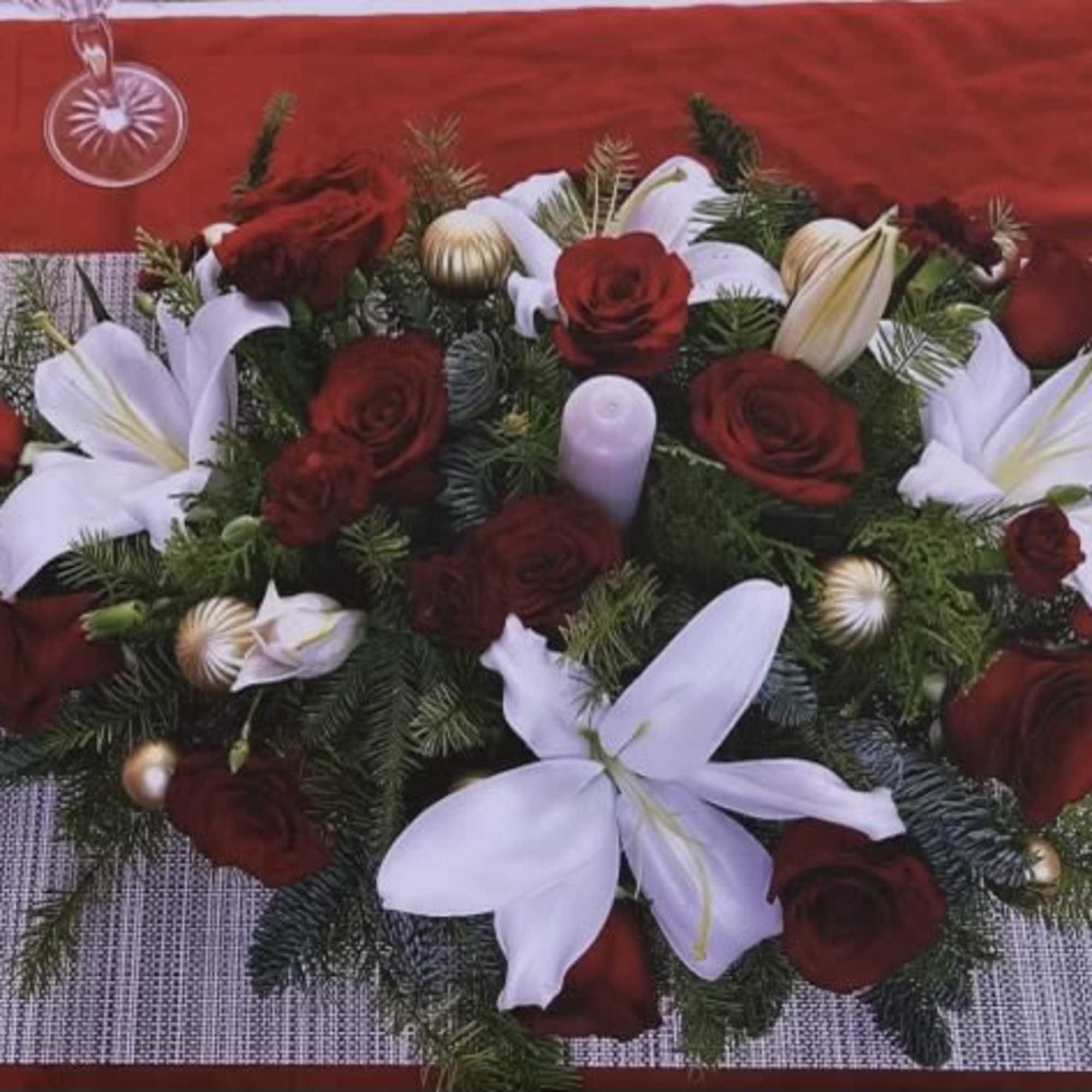 Lux Lilies Roses and ornaments Winter Greens Douglas fir and winter pine