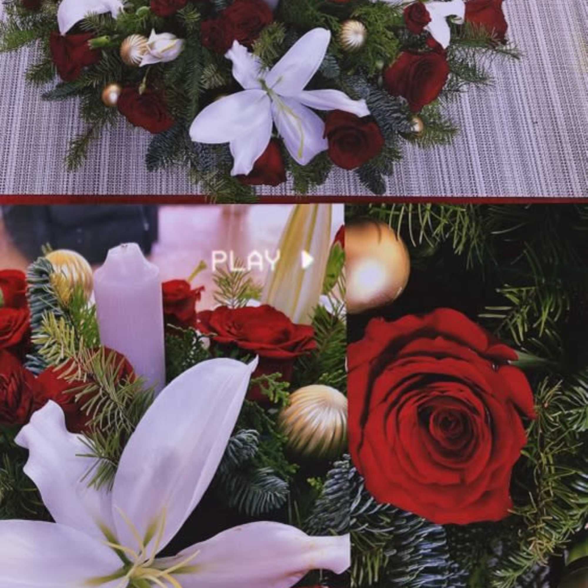 Lux Lilies Roses and ornaments Winter Greens Douglas fir and winter pine