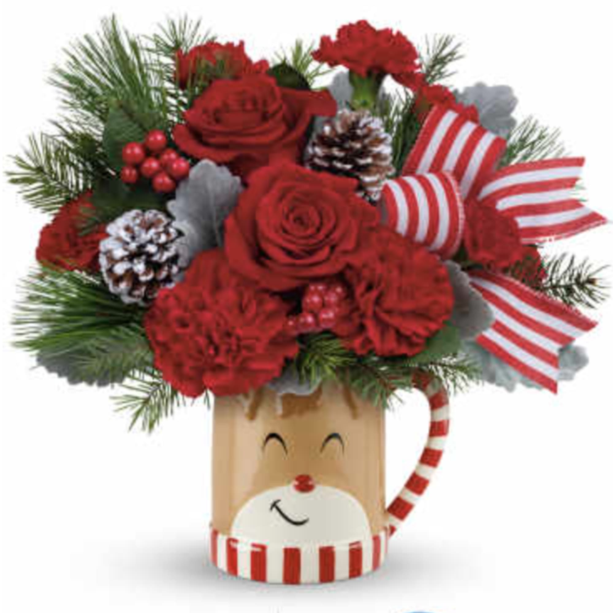 Overflowing with festive blooms, this adorable reindeer delivers your holiday wishes! This