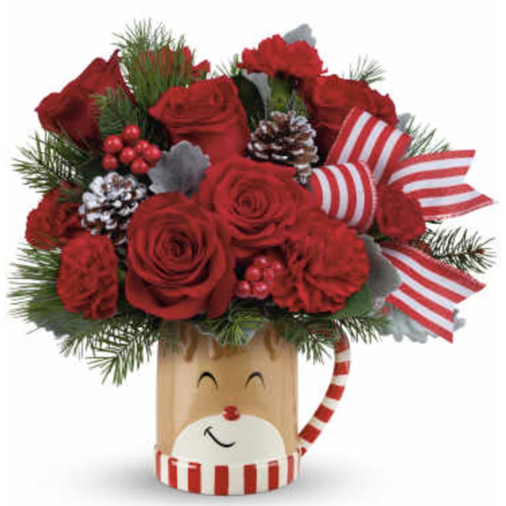 Overflowing with festive blooms, this adorable reindeer delivers your holiday wishes! This