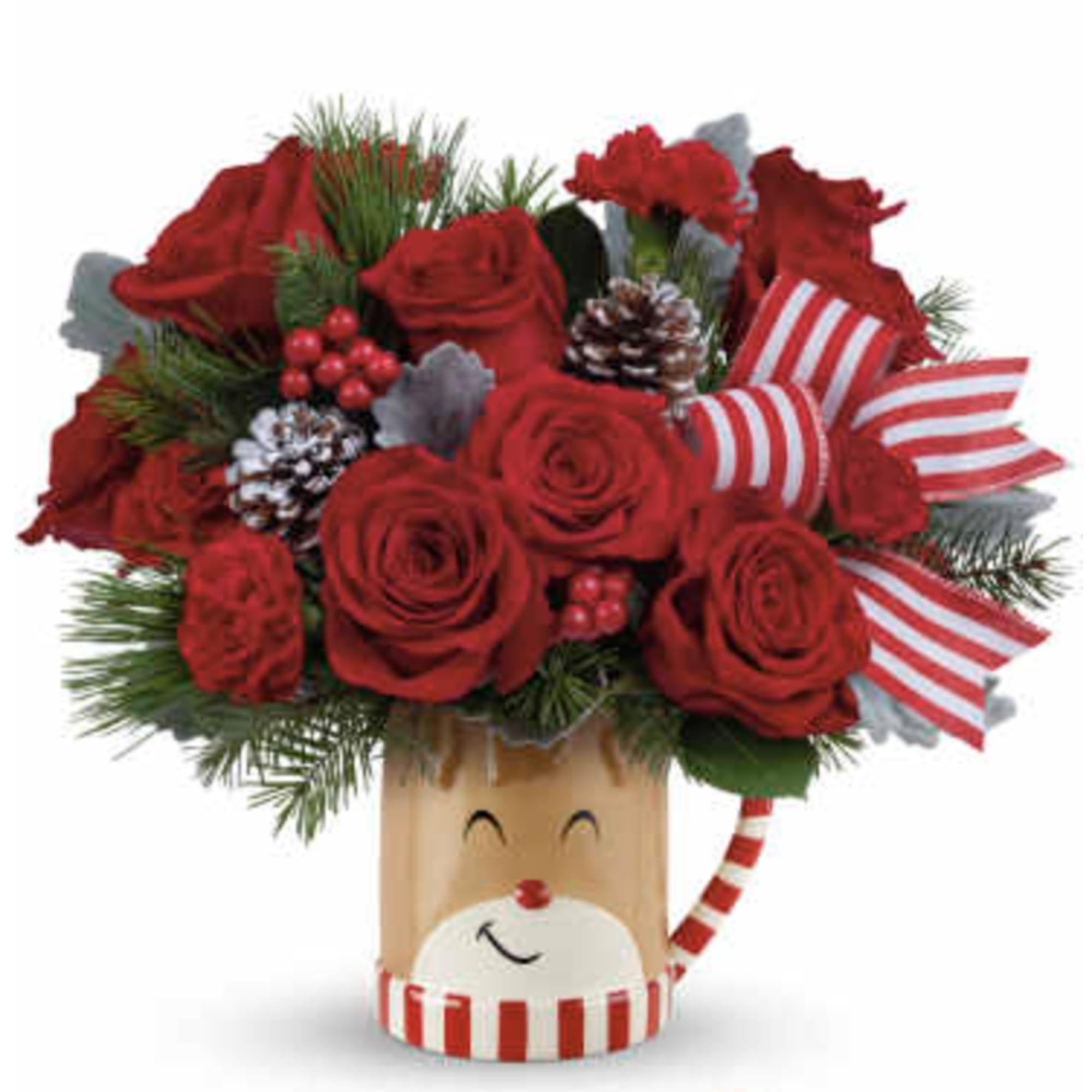 Overflowing with festive blooms, this adorable reindeer delivers your holiday wishes! This
