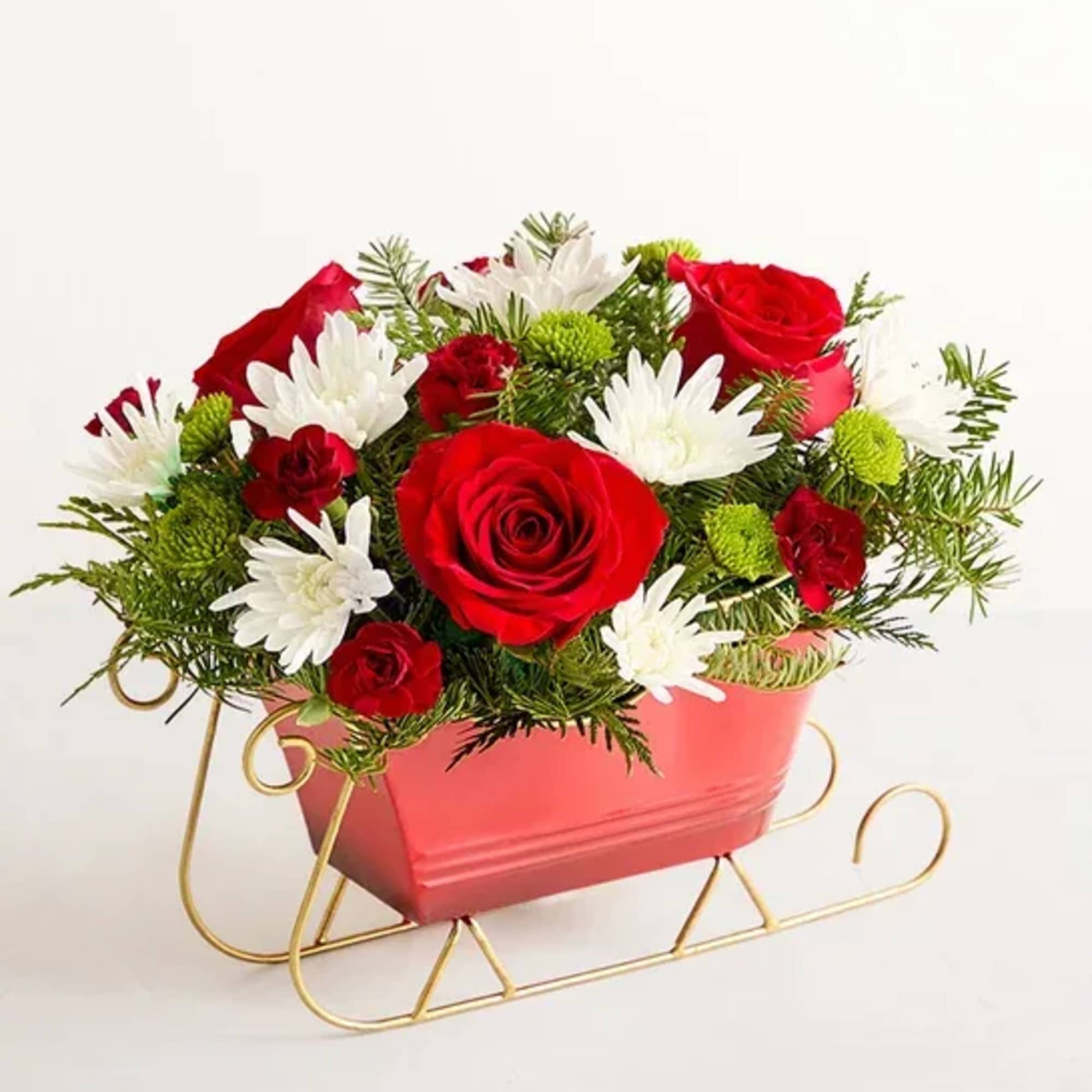 Send holiday joy their way! Our dashing arrangement features classic Christmas-colored blooms