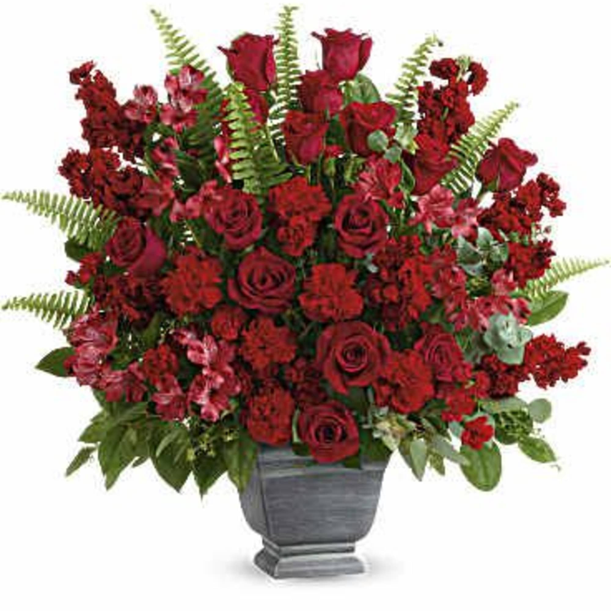 A bold expression of your deepest condolences, this elegant mix of red