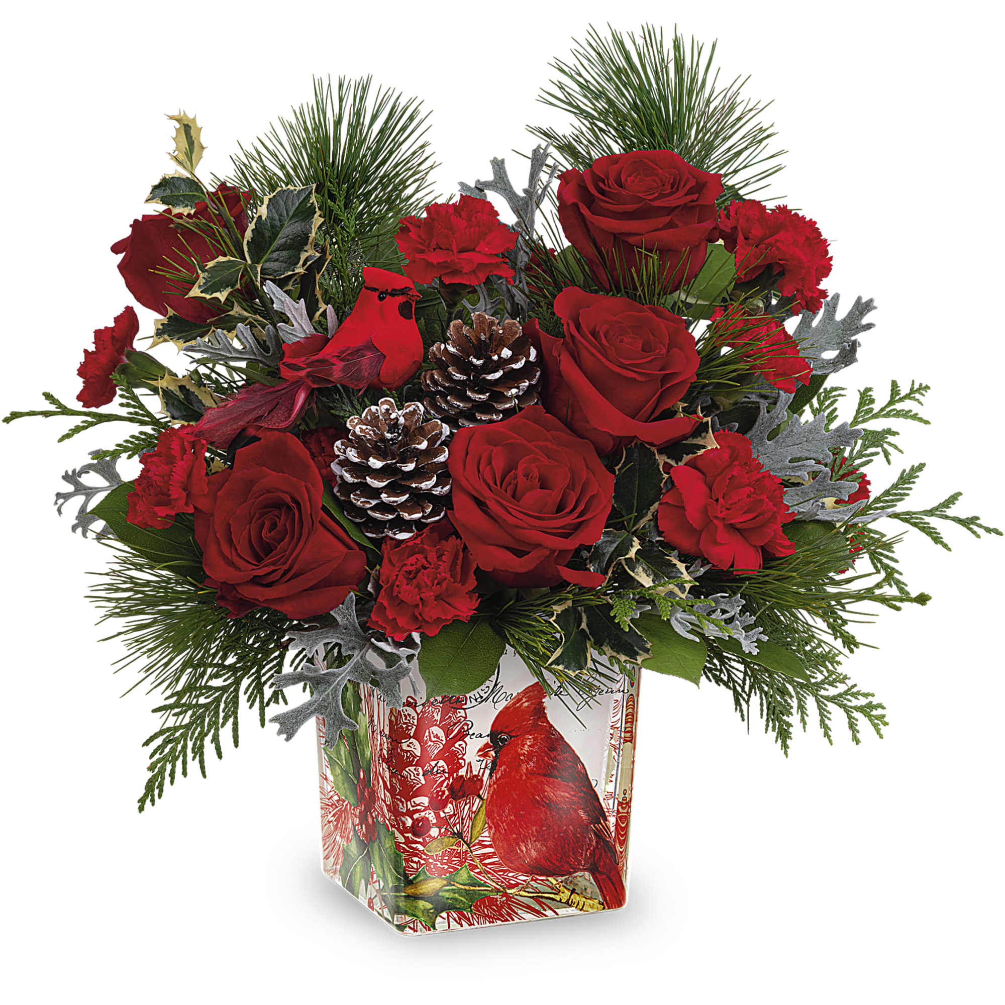 Paint a magical holiday scene with this classic Christmas bouquet, arranged in