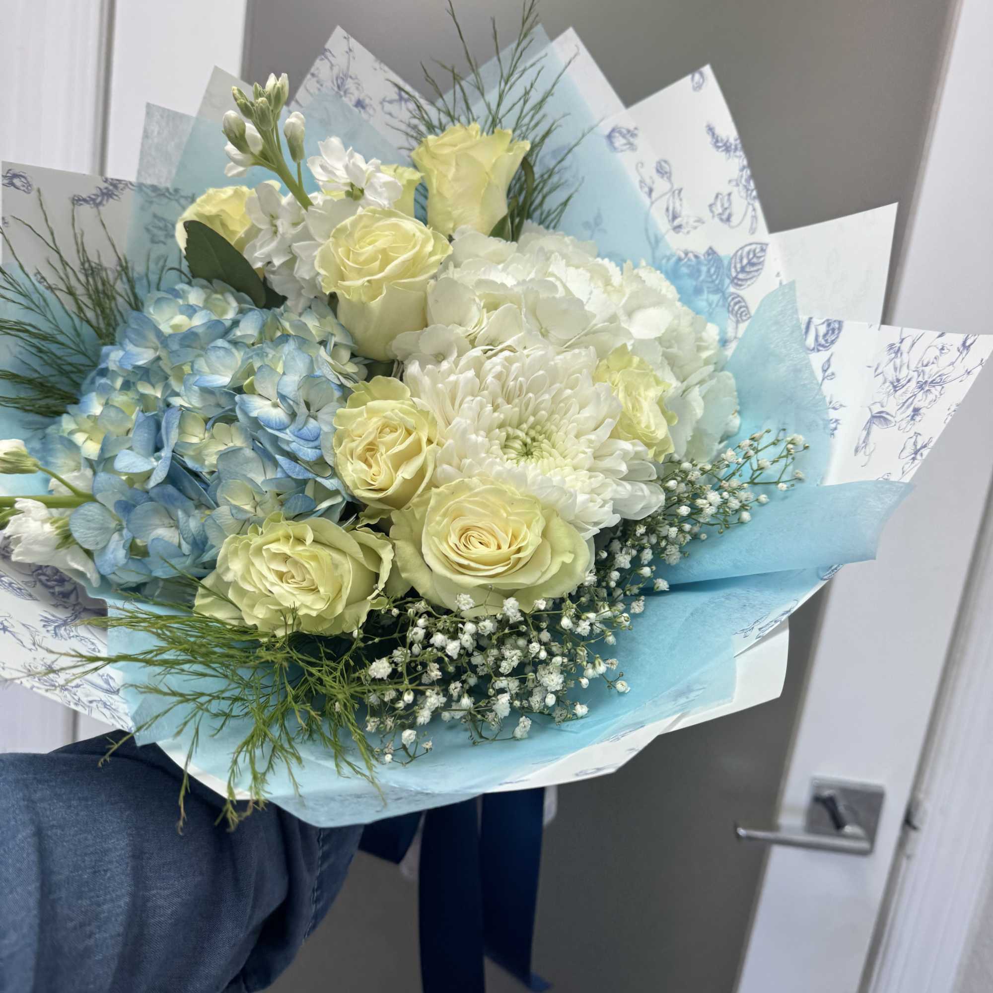 A beautiful wrap in blue and white 