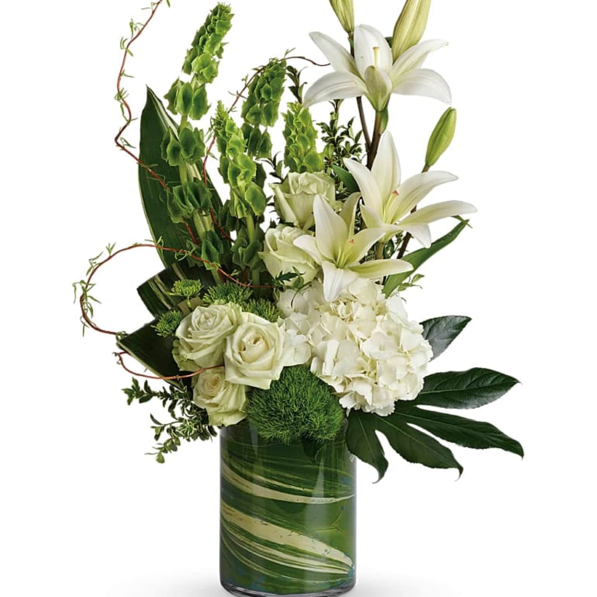 Snow white blooms and eye-catching greens create this beautiful botanical gift that's