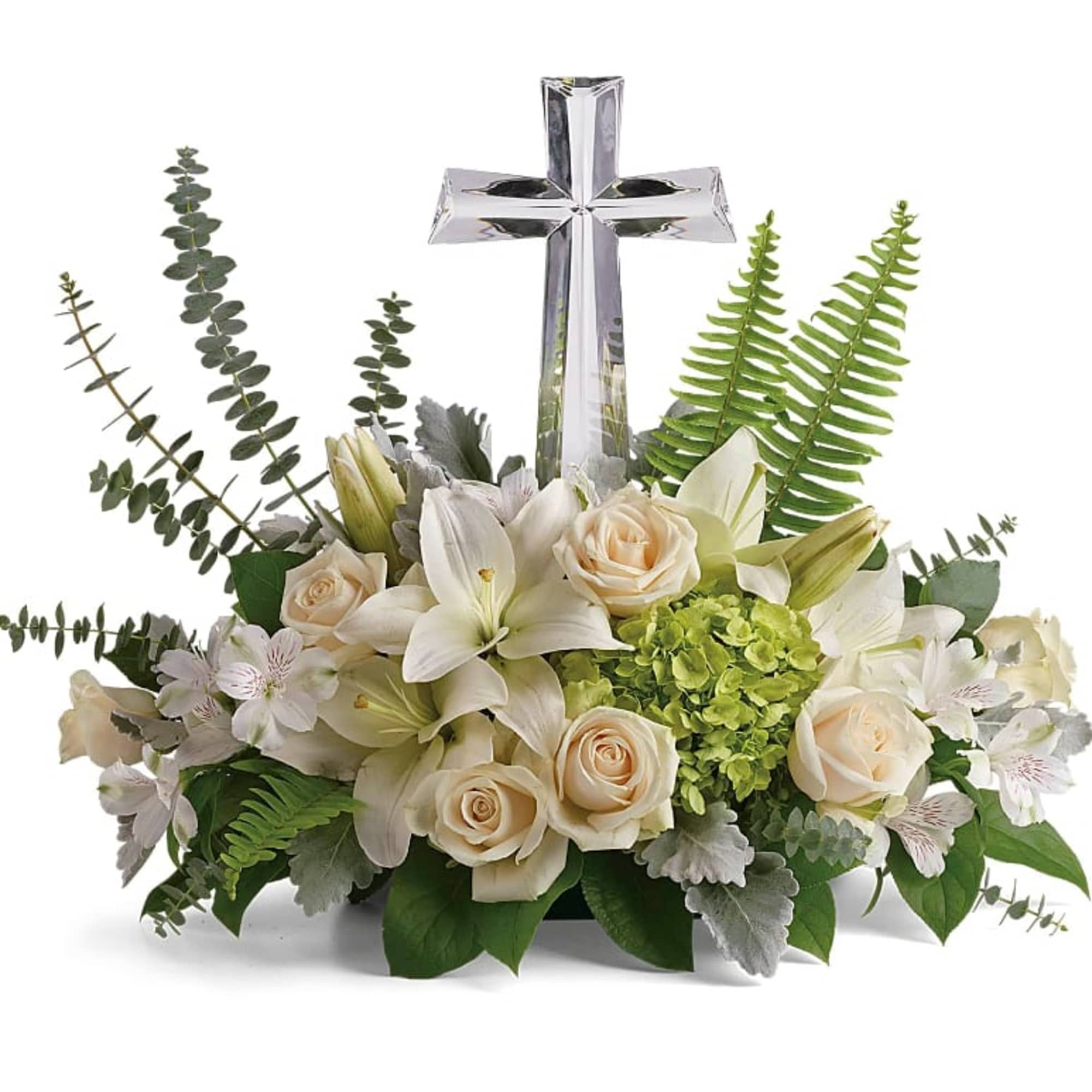 This peaceful bouquet of soft white flowers and green accents is a