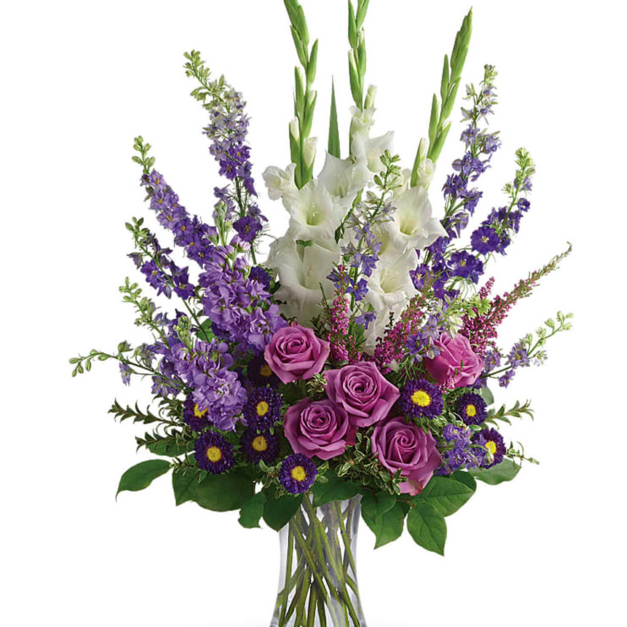 Lavender and white sympathy flowers make a grand statement in this joyful