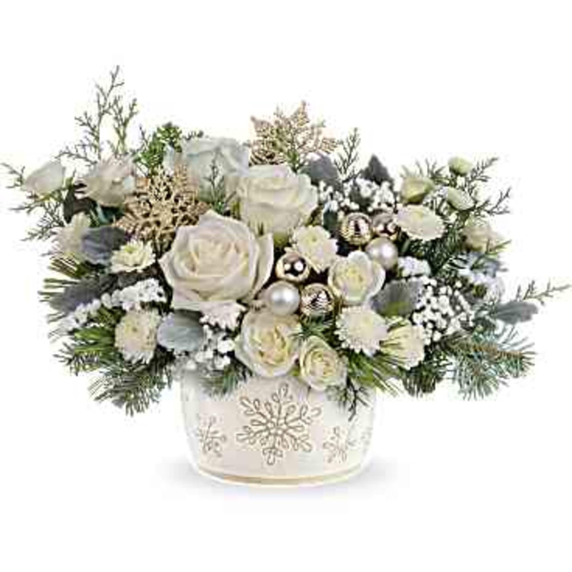 Starry Snowflake Centerpiece showcases white roses, spray roses, and button spray chrysanthemums