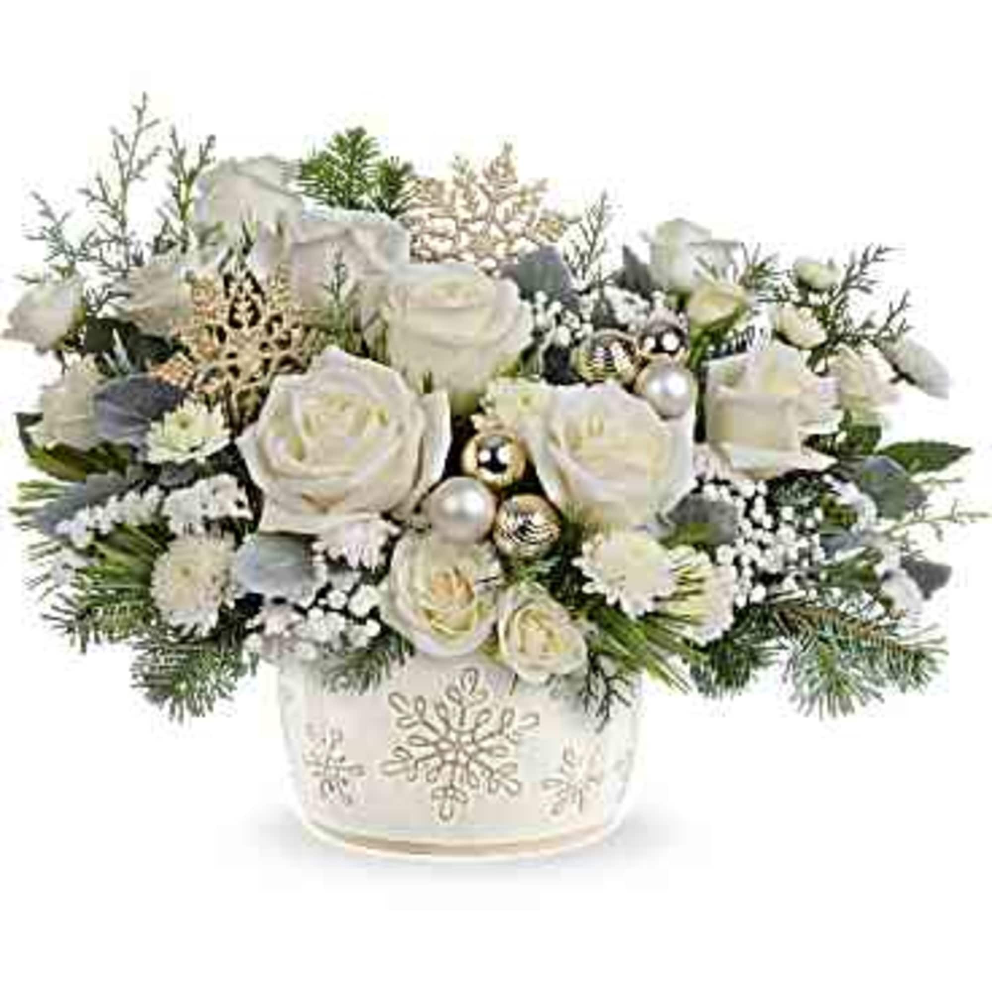 Starry Snowflake Centerpiece showcases white roses, spray roses, and button spray chrysanthemums