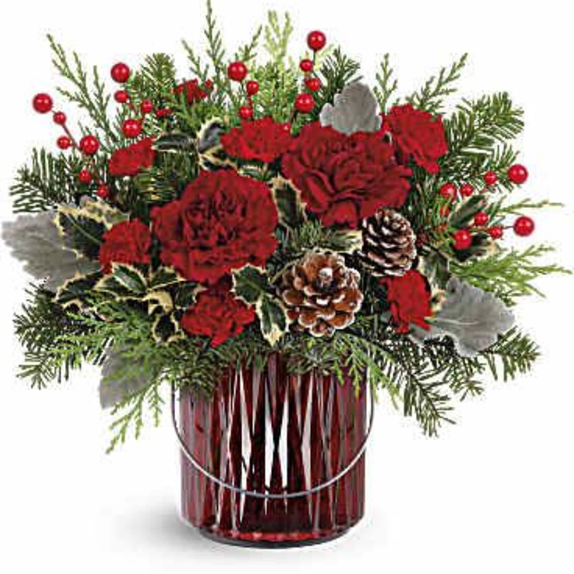 Gleaming Holiday Bouquet features white carnations, white button spray chrysanthemums, white statice