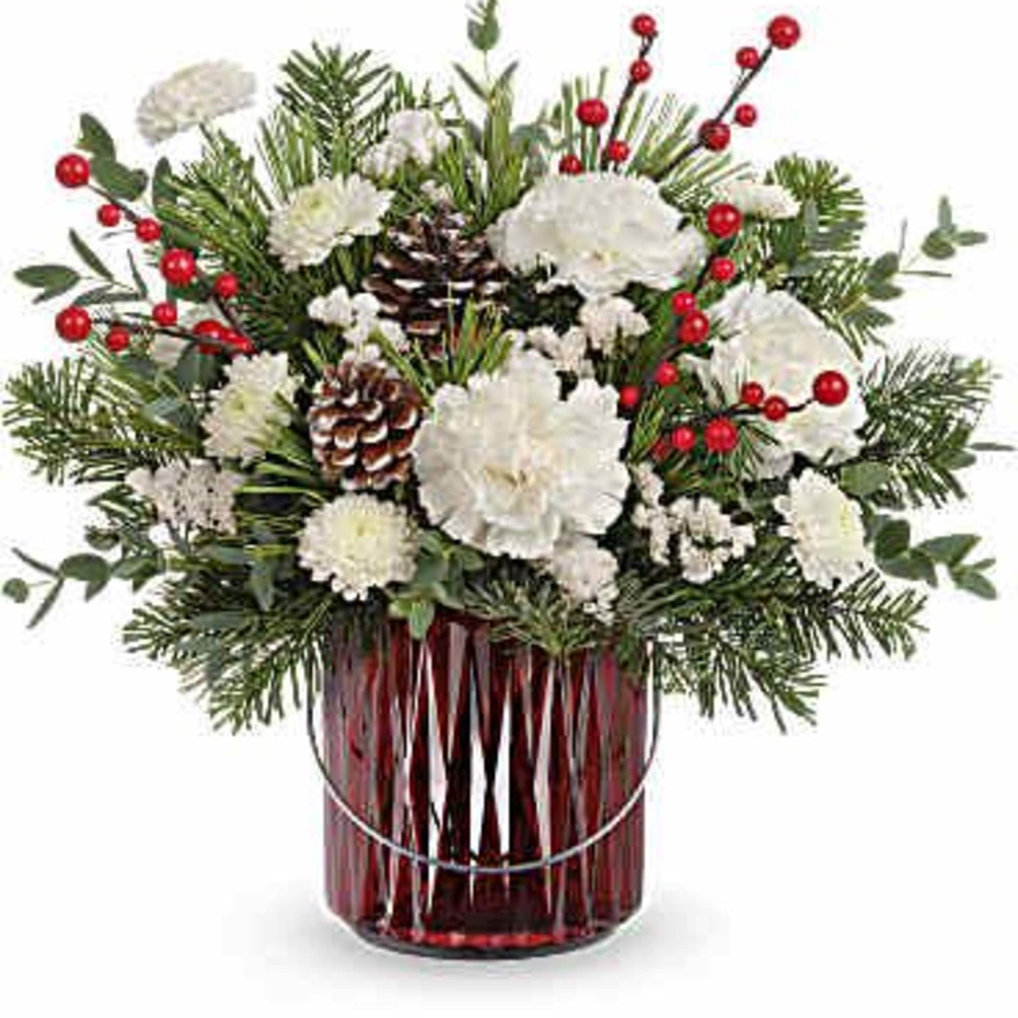 Gleaming Holiday Bouquet features white carnations, white button spray chrysanthemums, white statice