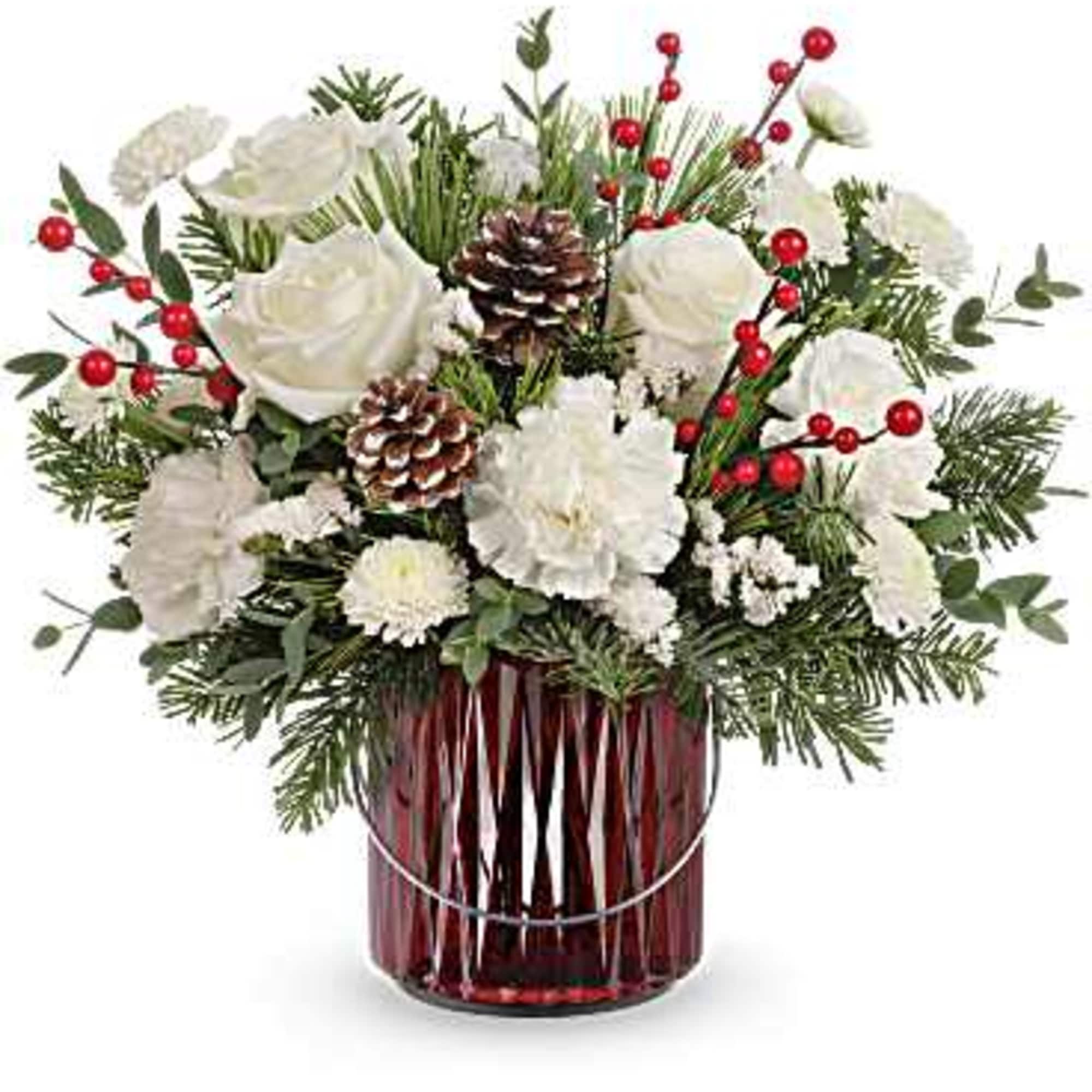 Gleaming Holiday Bouquet features white carnations, white button spray chrysanthemums, white statice