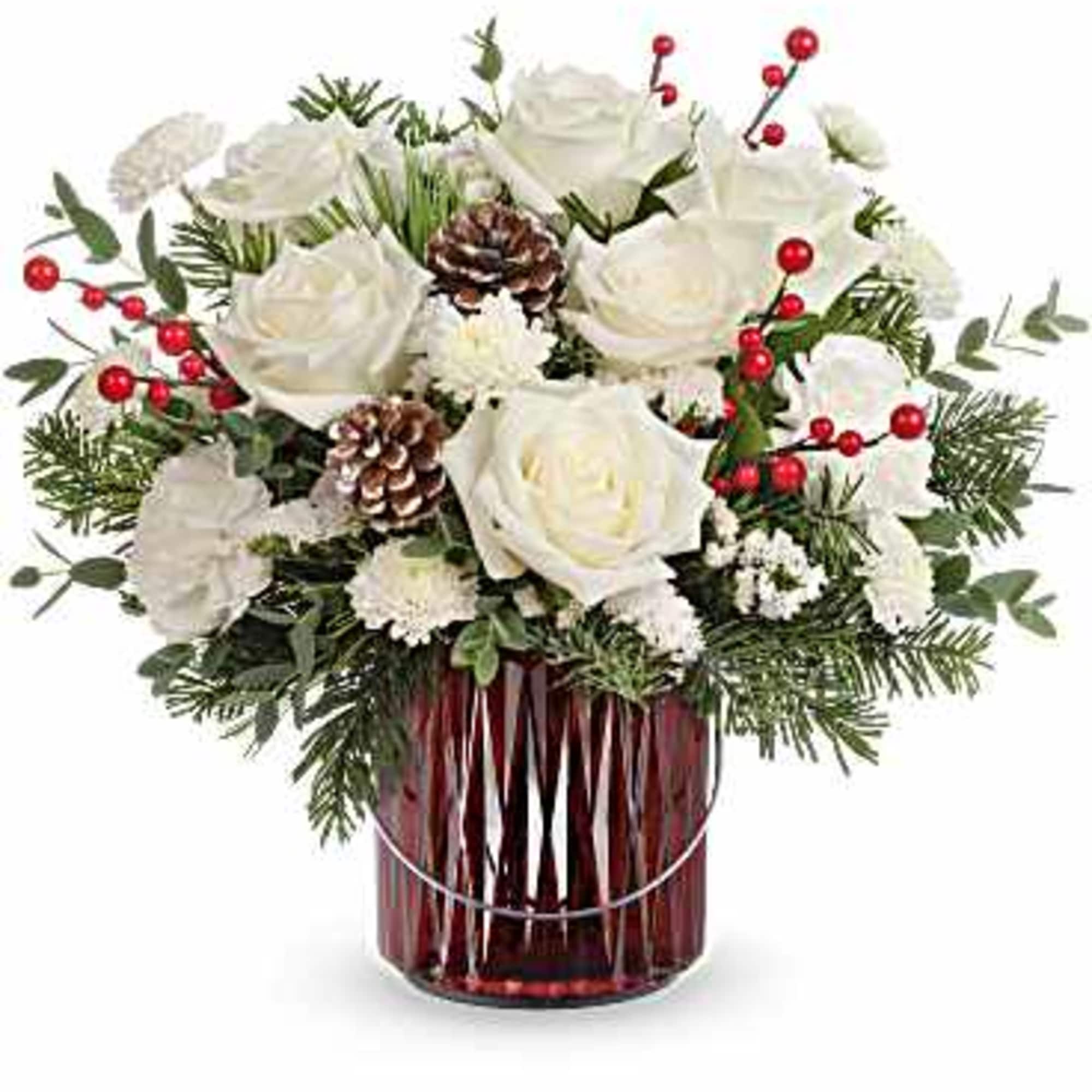 Gleaming Holiday Bouquet features white carnations, white button spray chrysanthemums, white statice