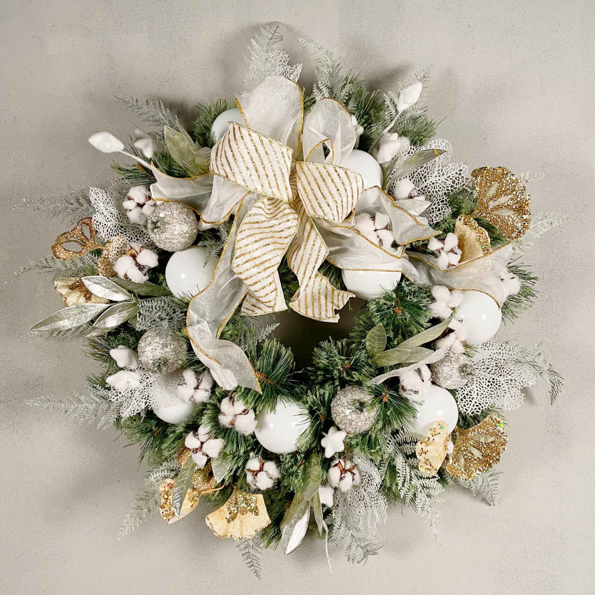 A Winter white themed wreath accented with a fluff and gold touch.
If