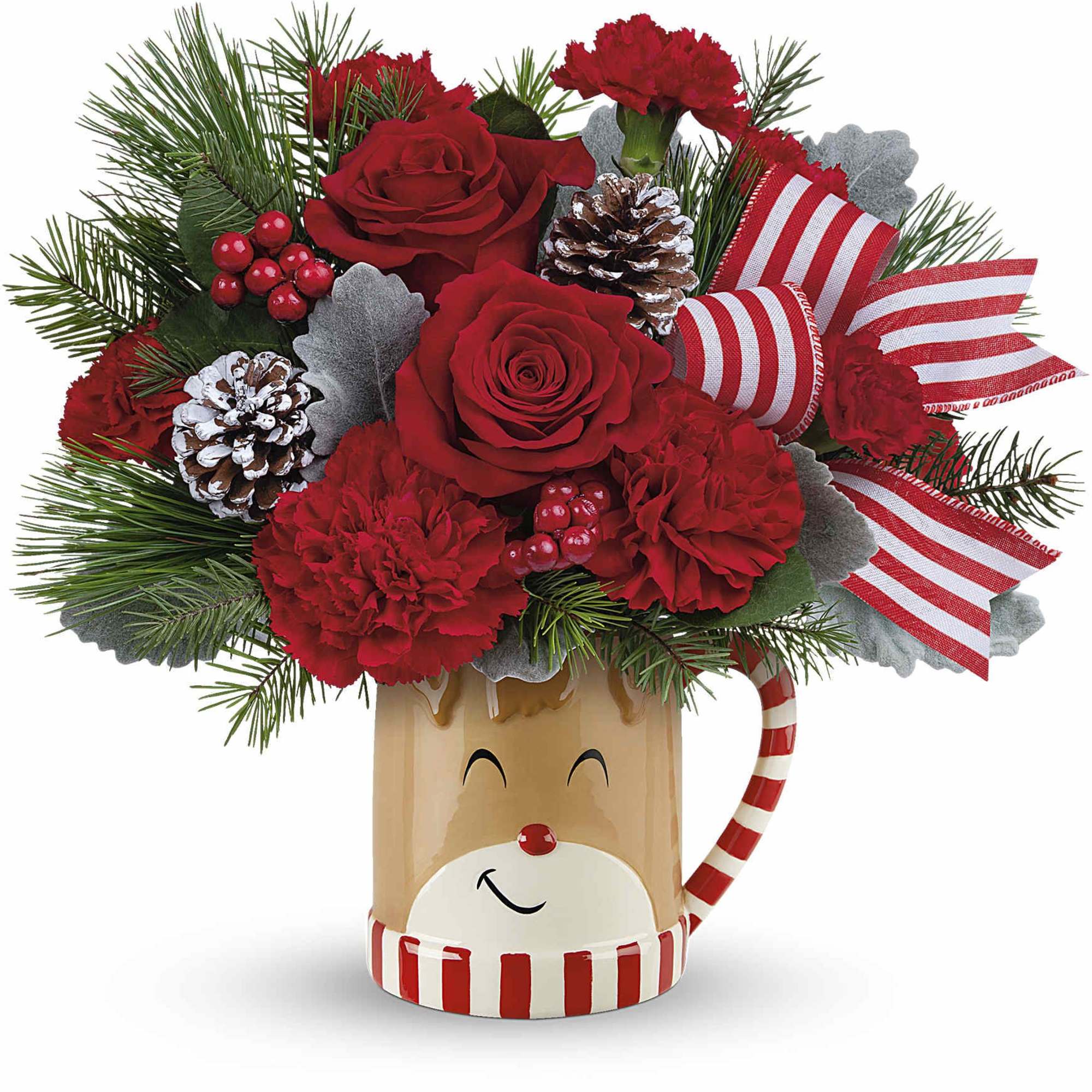 Overflowing with festive blooms, this adorable reindeer delivers your holiday wishes! The