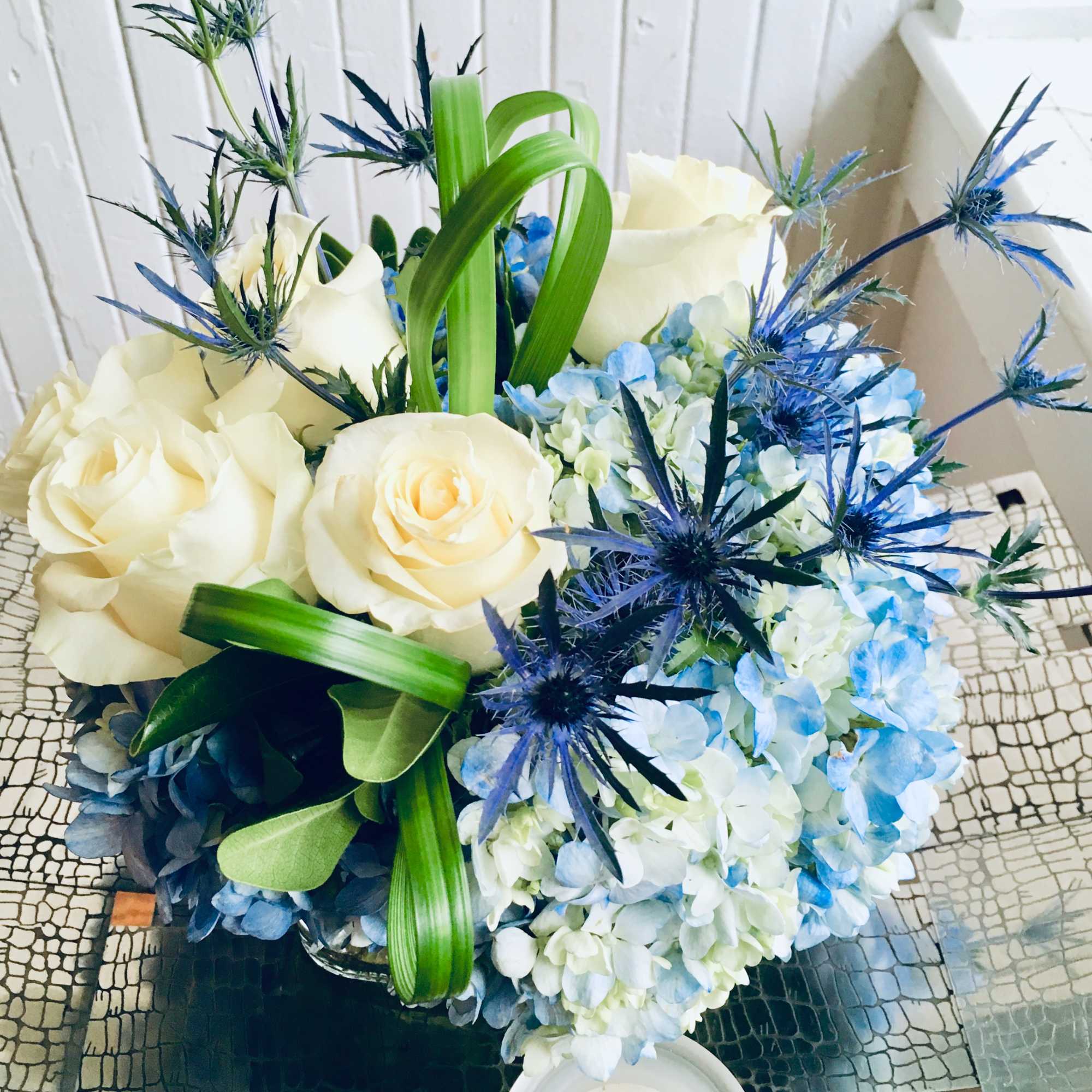 Perfect for HIM! Natural shades of blue design. Blue hydrangeas, Blue thistle