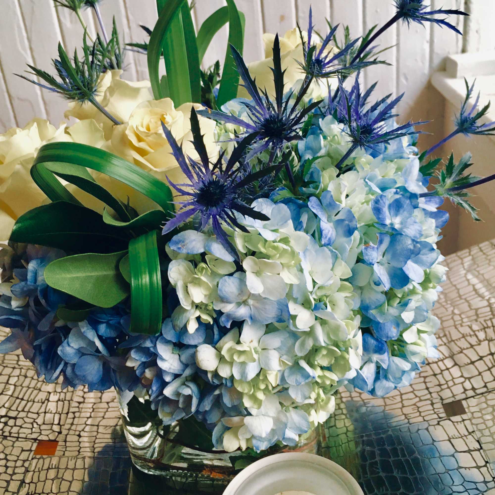 Perfect for HIM! Natural shades of blue design. Blue hydrangeas, Blue thistle
