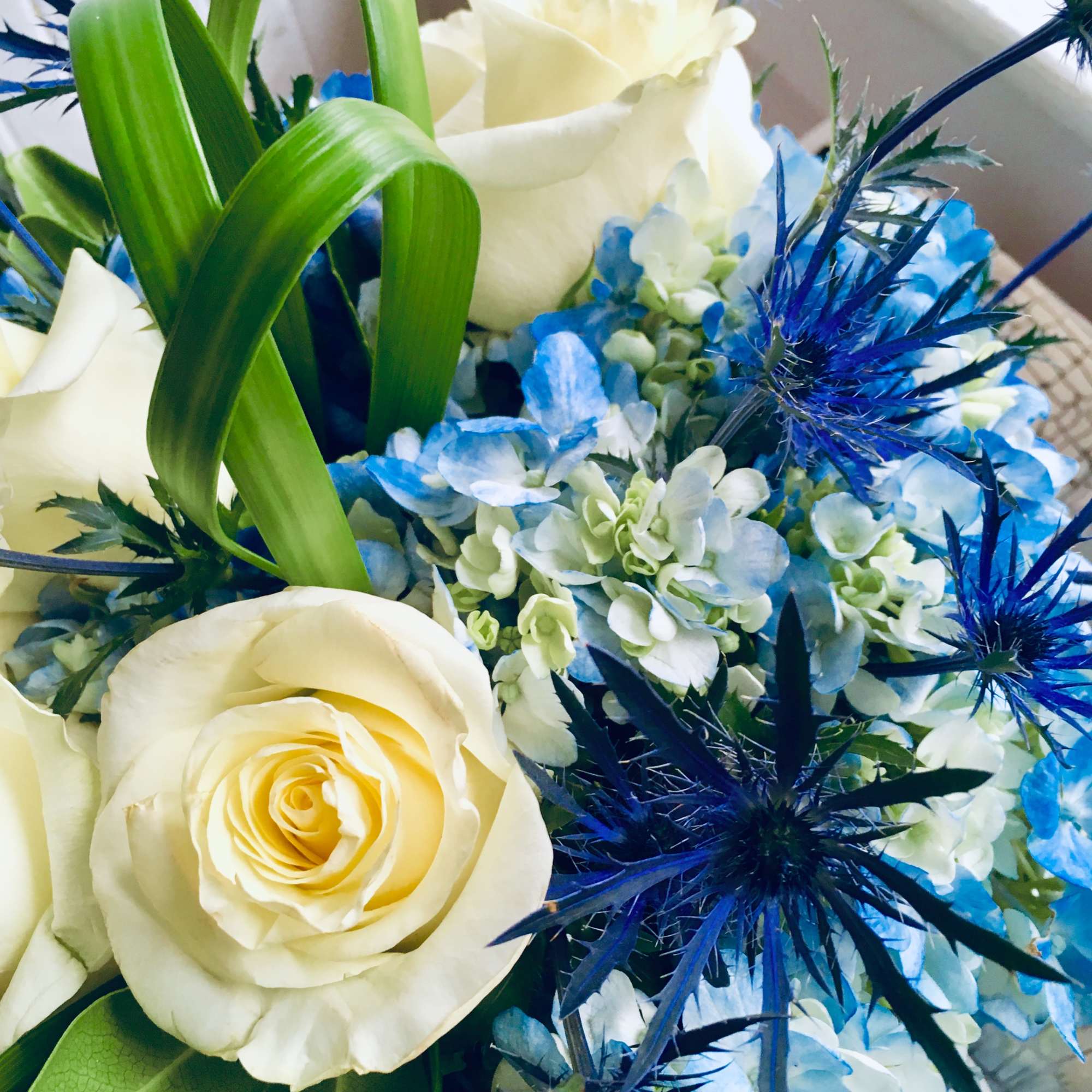 Perfect for HIM! Natural shades of blue design. Blue hydrangeas, Blue thistle