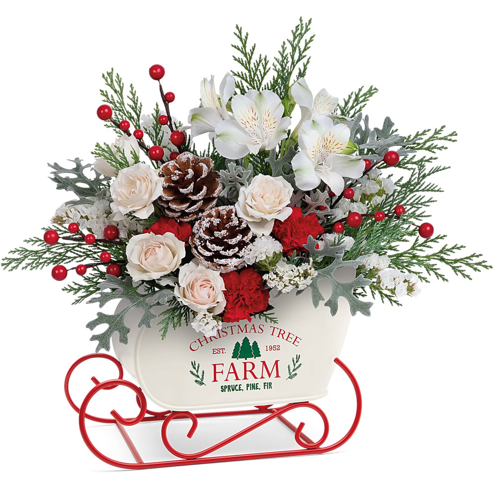 With its snowy white rose bouquet and vintage-inspired tree farm motif, this
