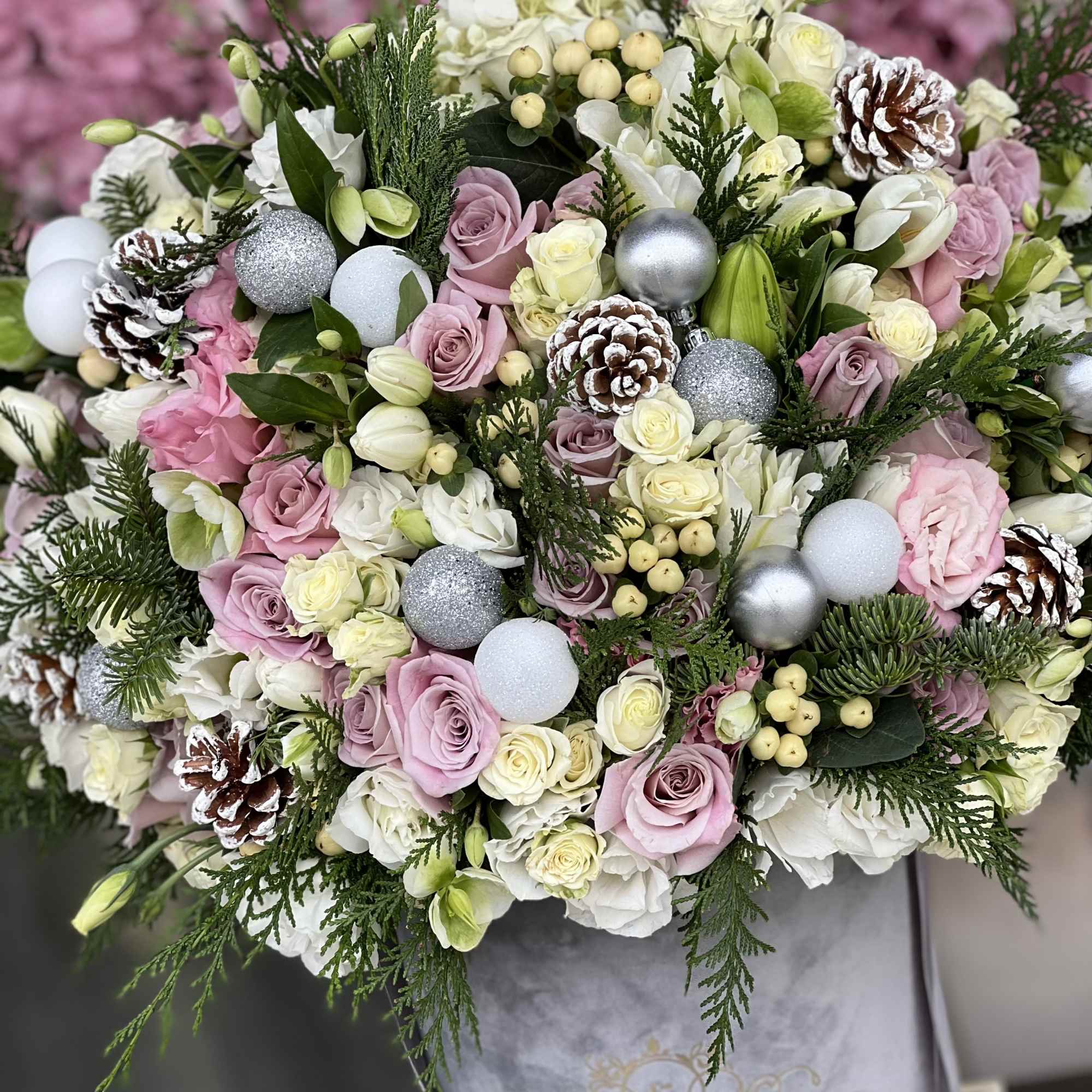 Beautiful arrangement in our grey velvet box with Christmas ornaments 