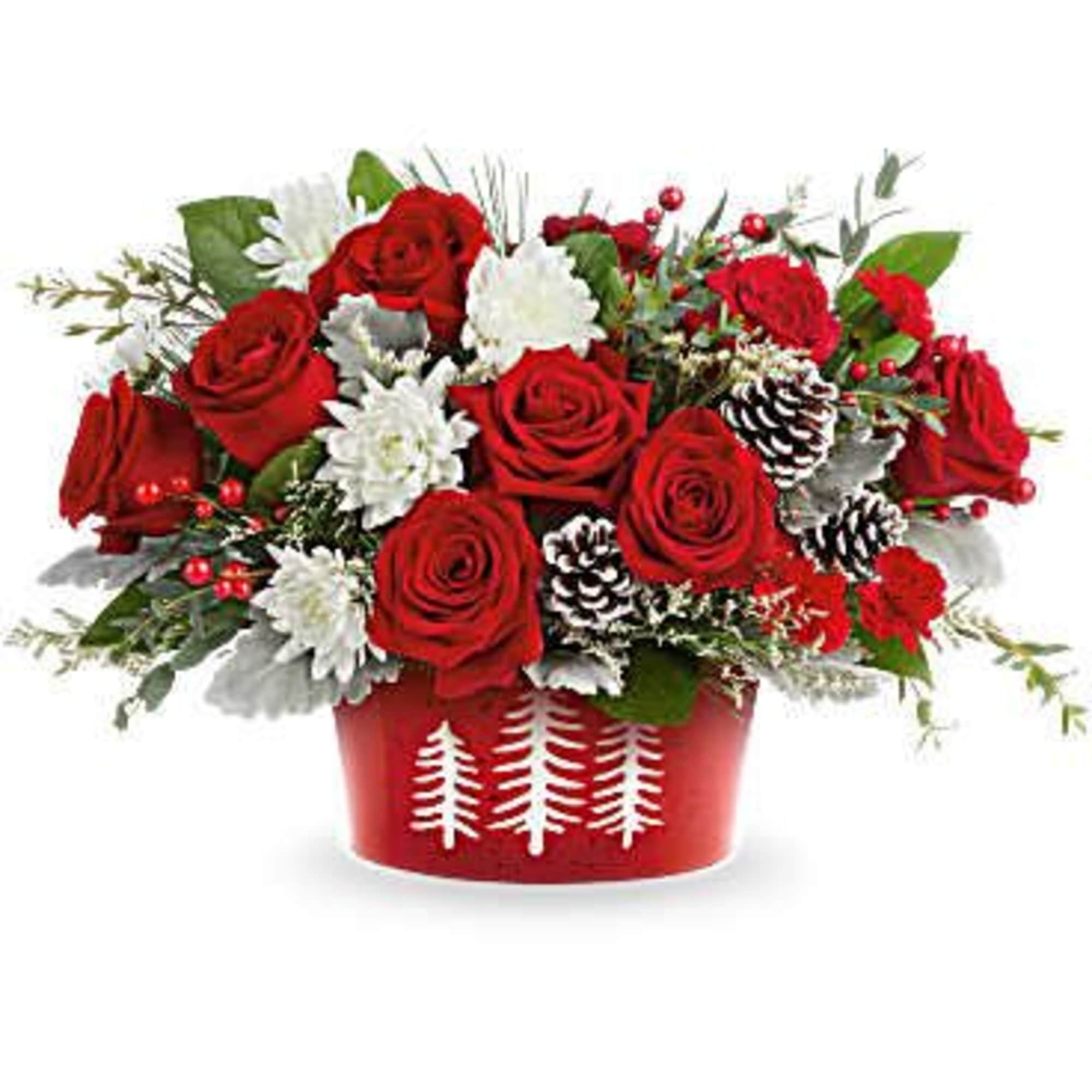Classic red roses and snowy white blooms accented with pinecones and festive