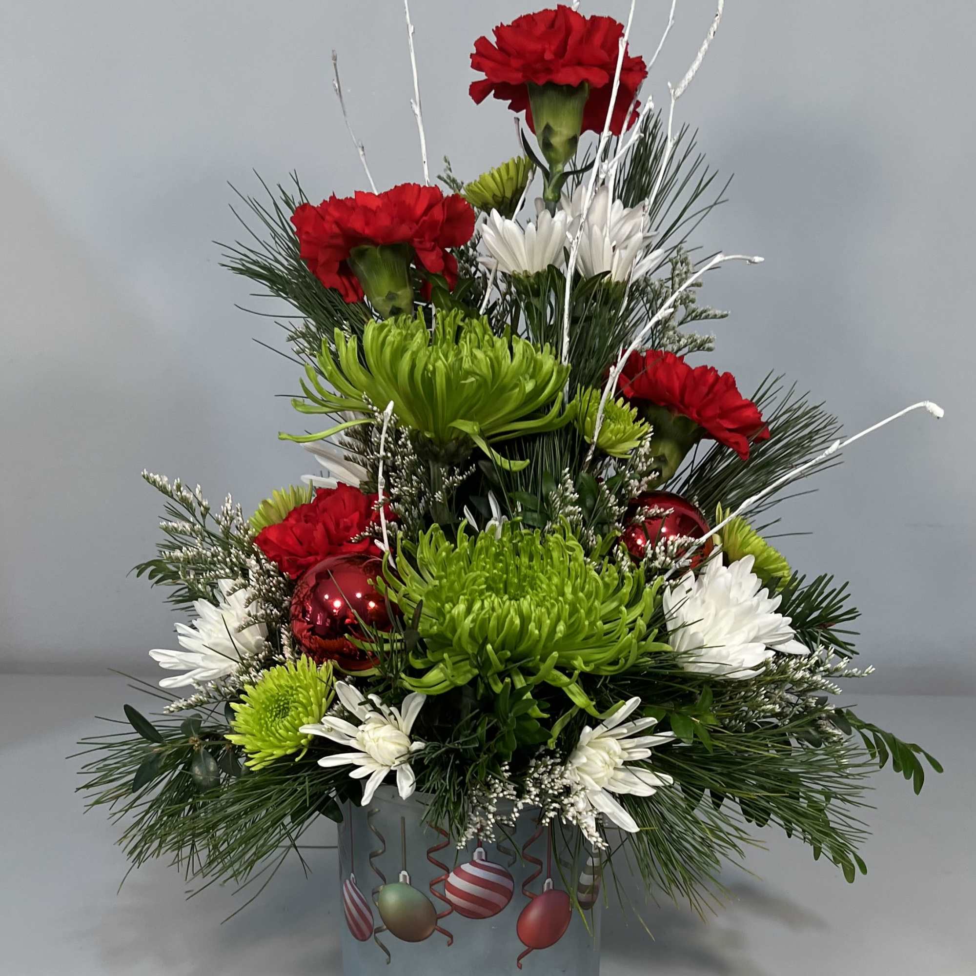 Frosted 5&#039; Glass Vase decorated with colored ornament. Filled with Green Mums