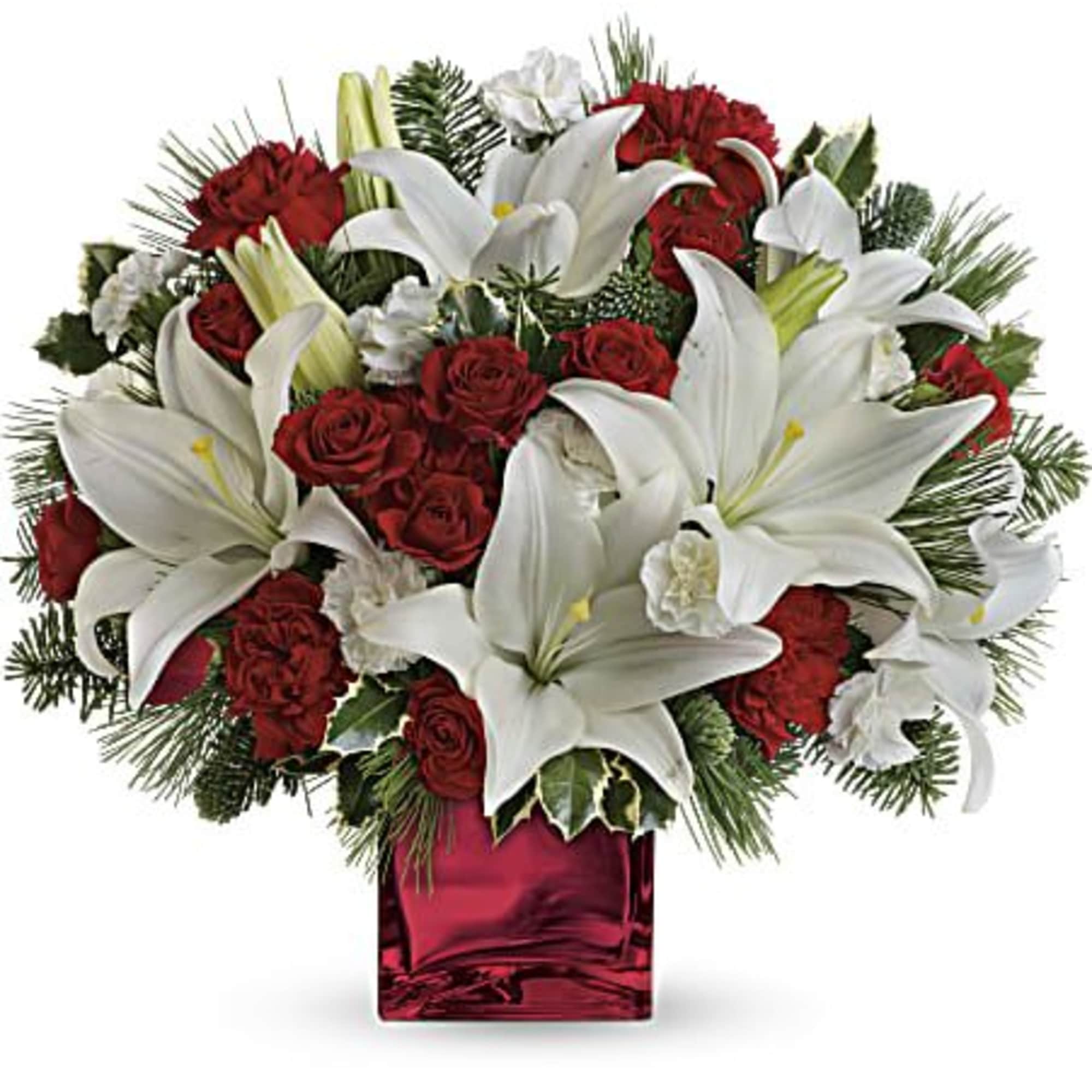 This festive holiday bouquet includes red roses and white asiatic lilies presented