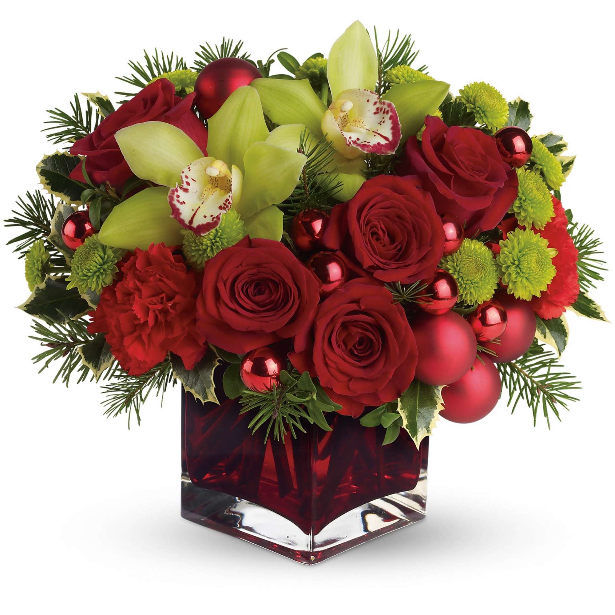 Gorgeous red roses and carnations along with brilliant green button chrysanthemums, shiny