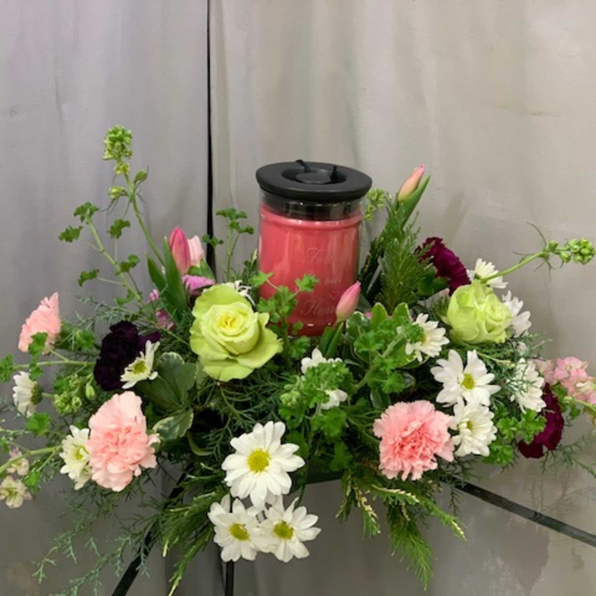 Engraved Large Jar Candle with Optional Floral Arrangement &ndash; Haehn Florist &amp;