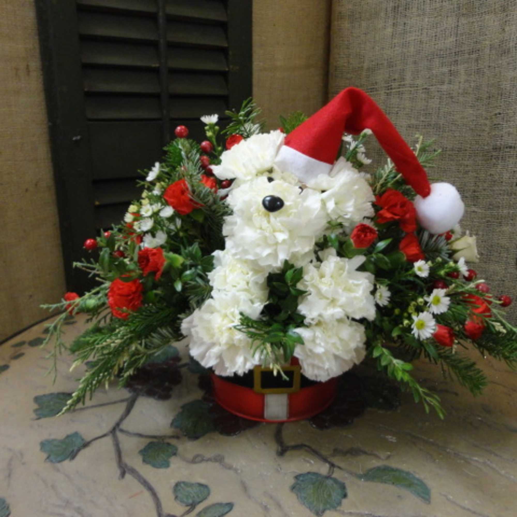 Christmas Puppy arrangement featuring a dog made out of carnations with a