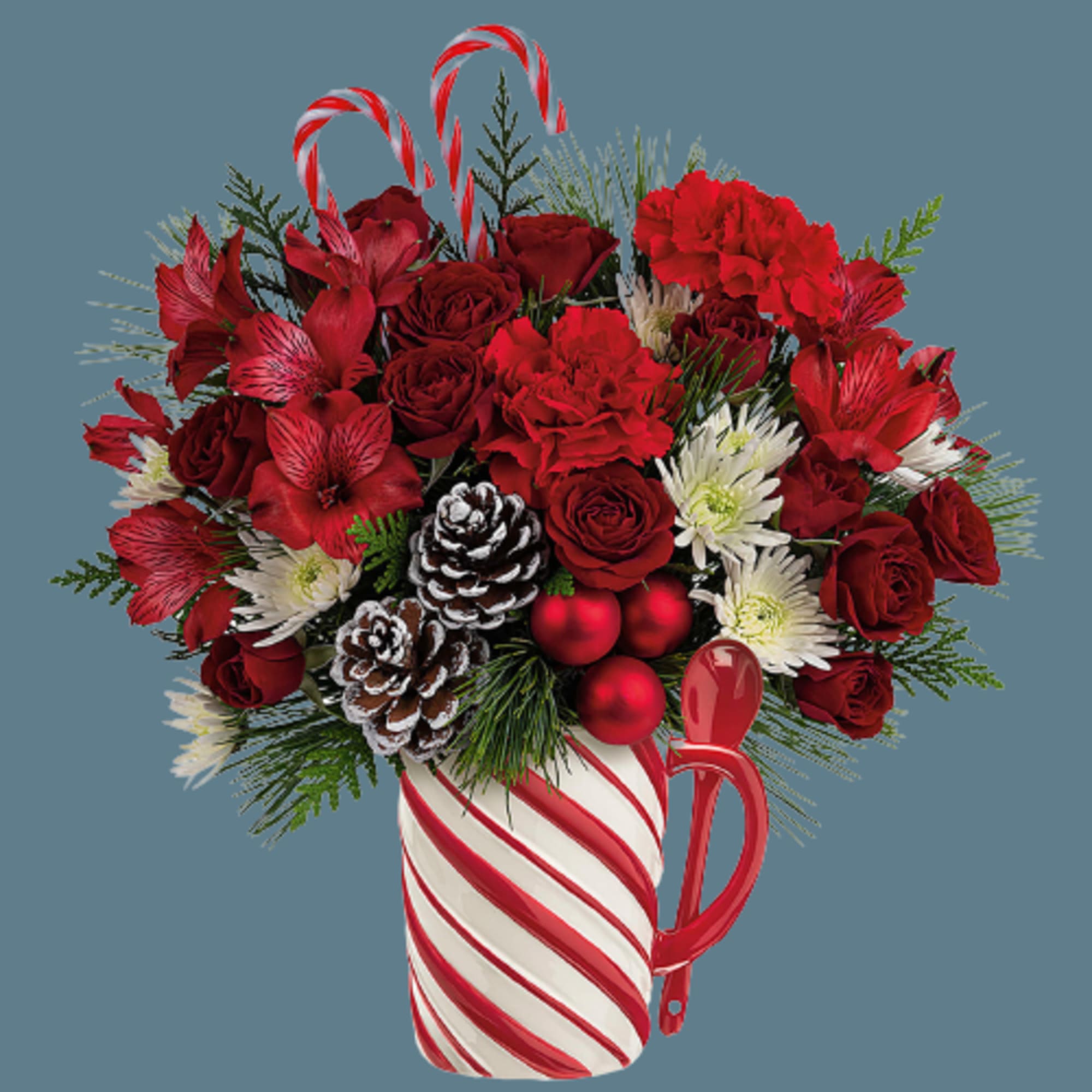 Warm their hearts with this sweet holiday bouquet, arranged in a hand-painted