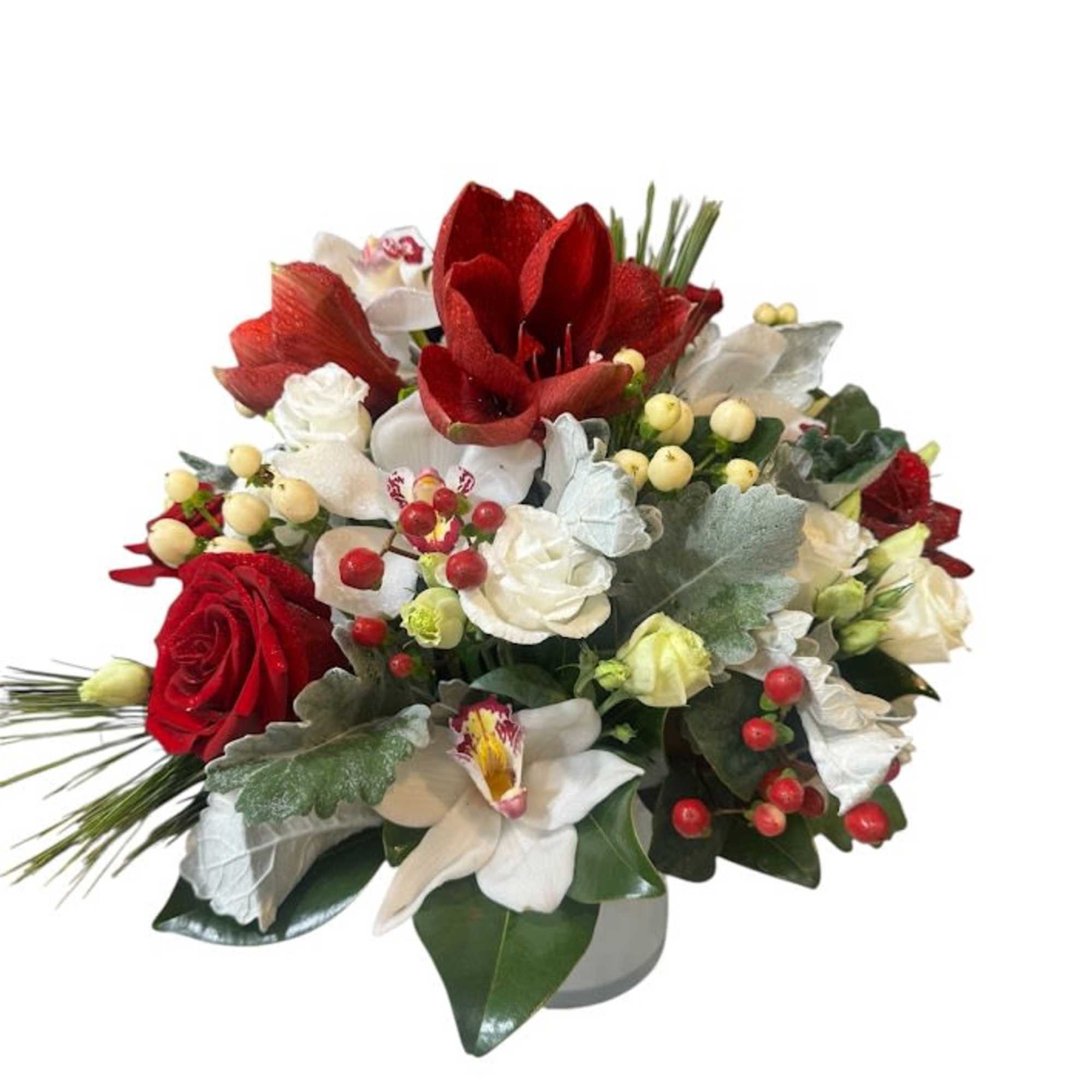 Amaryllis, Roses, Orchids with holiday greeneries in a clear vase
Flowers that are