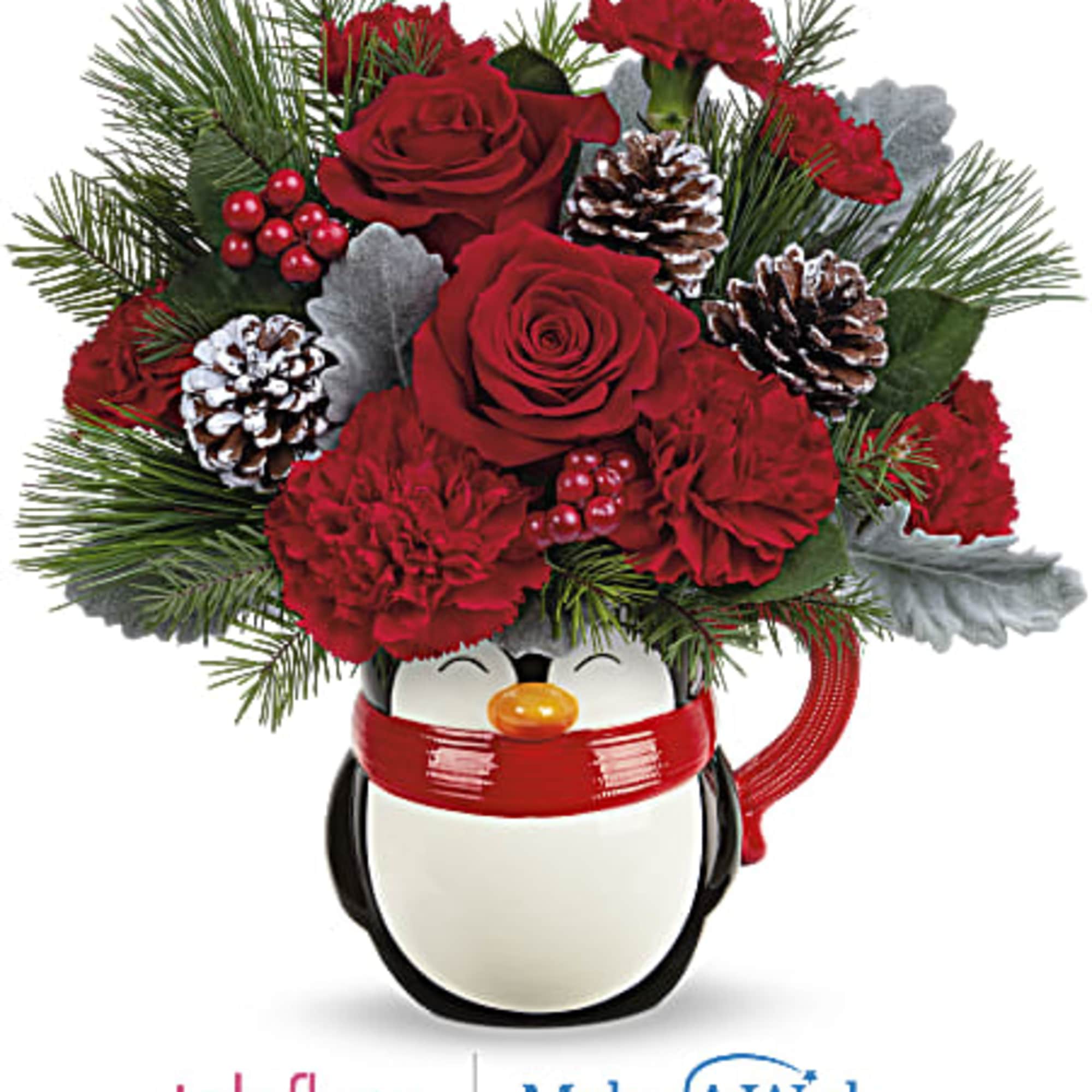 Bursting with festive blooms, this perky penguin is delighted to deliver your