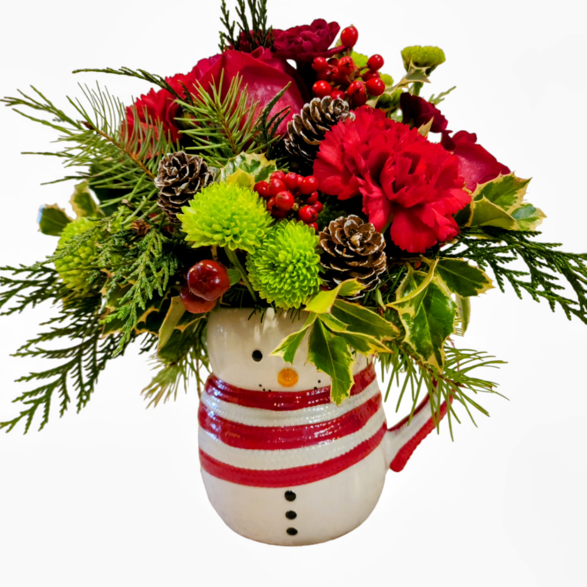This adorable Snowman vase filled with holiday flowers is super cute. 