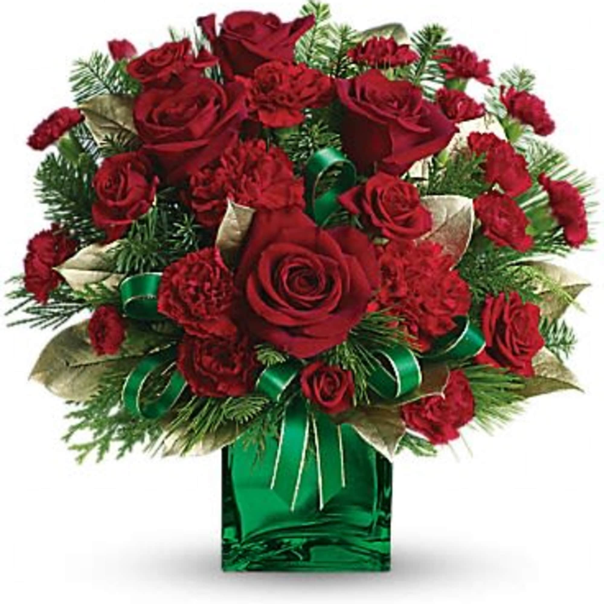 Capture the spirit of the holidays with this gorgeous arrangement. Red roses