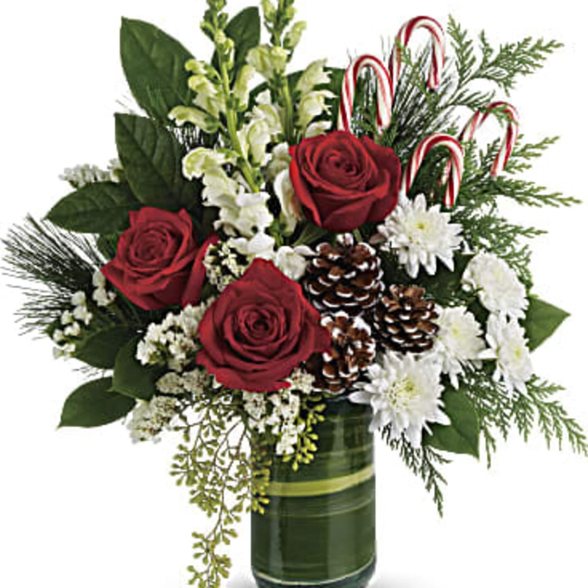 Red roses, creme roses and white snapdragons are wrapped in a variegated