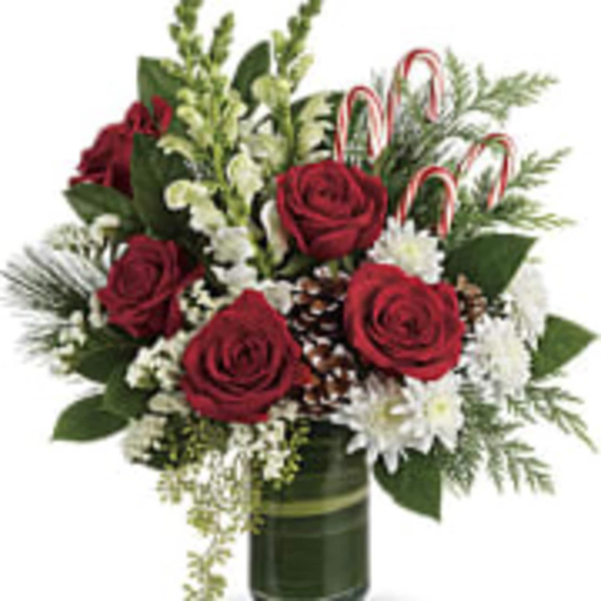 Red roses, creme roses and white snapdragons are wrapped in a variegated