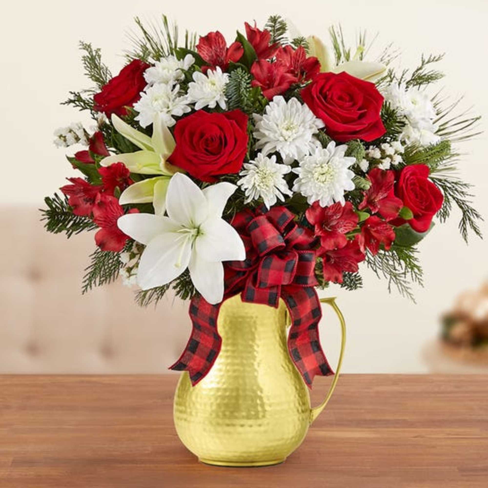  Arrangement with red roses and alstroemeria white Asiatic lilies, cushion poms