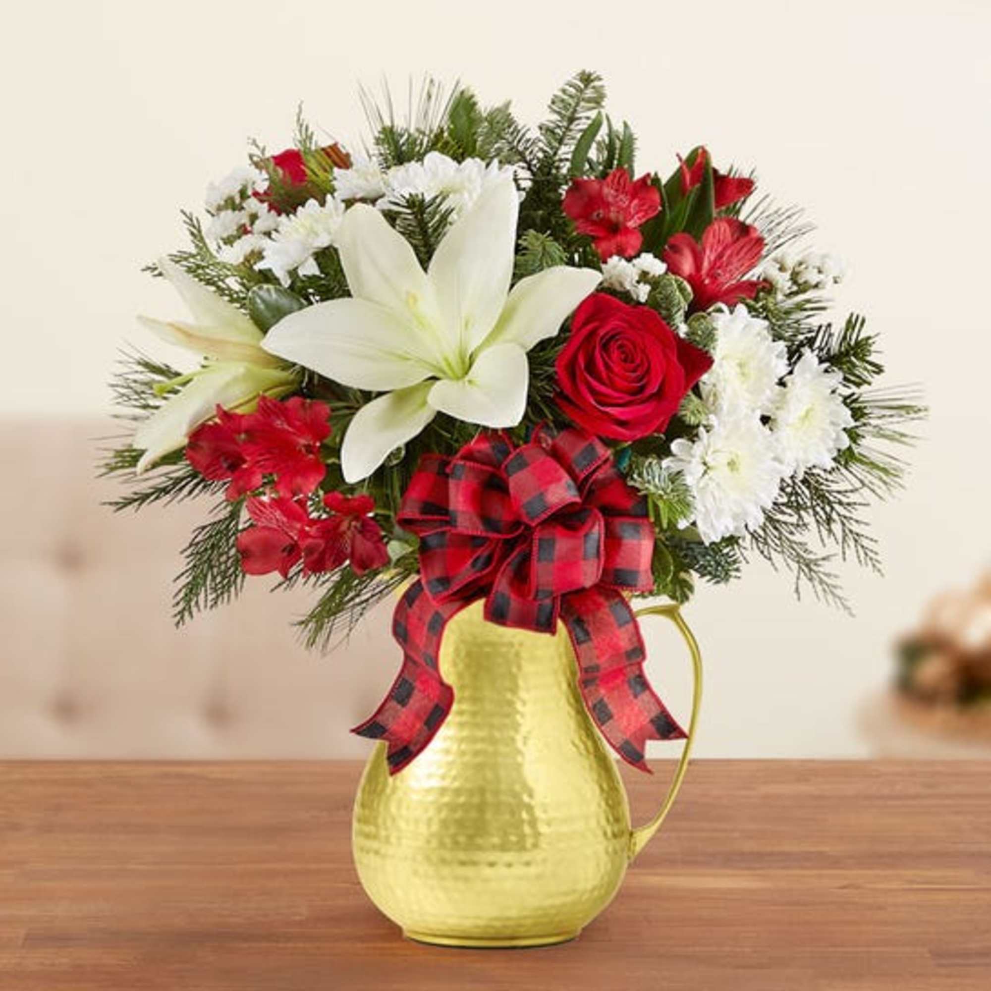  Arrangement with red roses and alstroemeria white Asiatic lilies, cushion poms