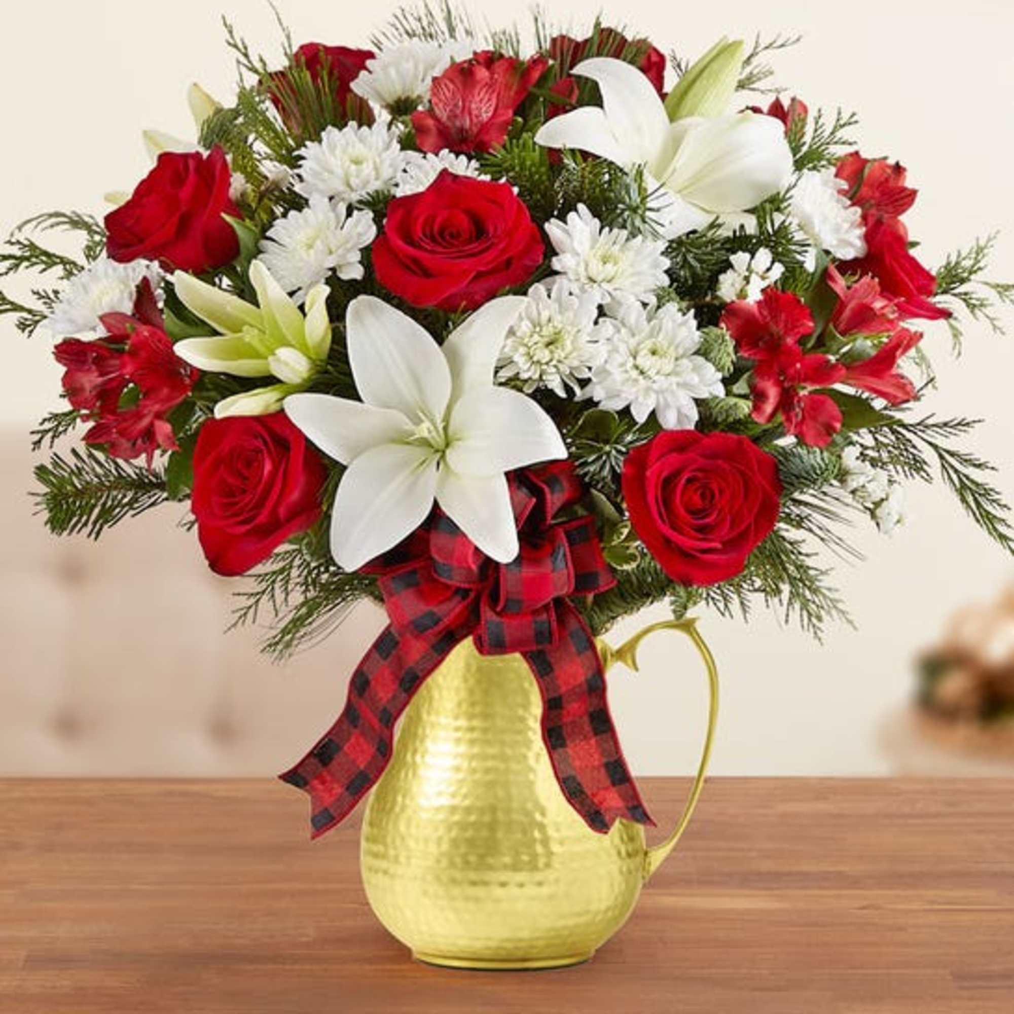  Arrangement with red roses and alstroemeria white Asiatic lilies, cushion poms