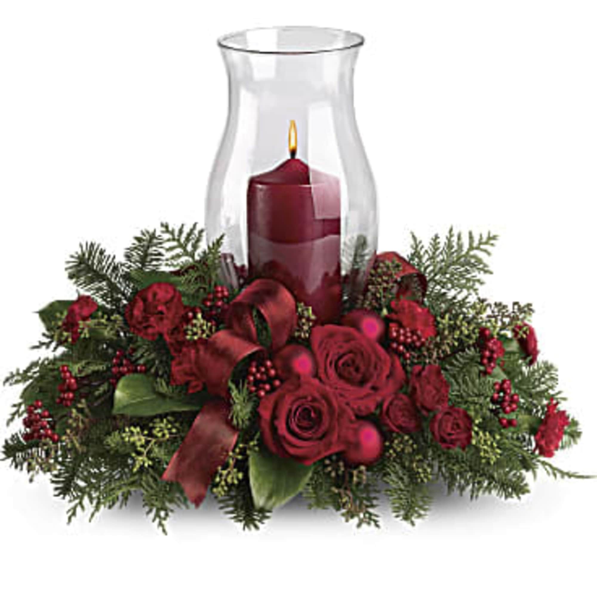  This beautiful Christmas centerpiece with its classic glass hurricane and red