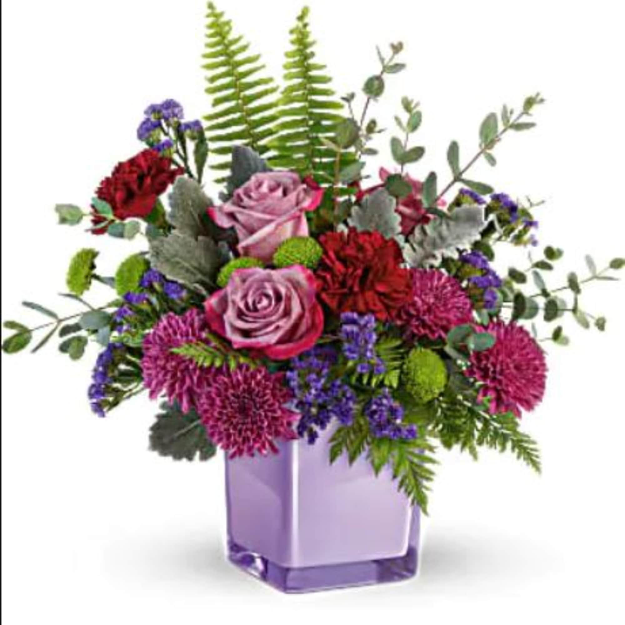 Lavender roses, maroon carnations, purple cushion spray chrysanthemums, green button spray chrysanthemums